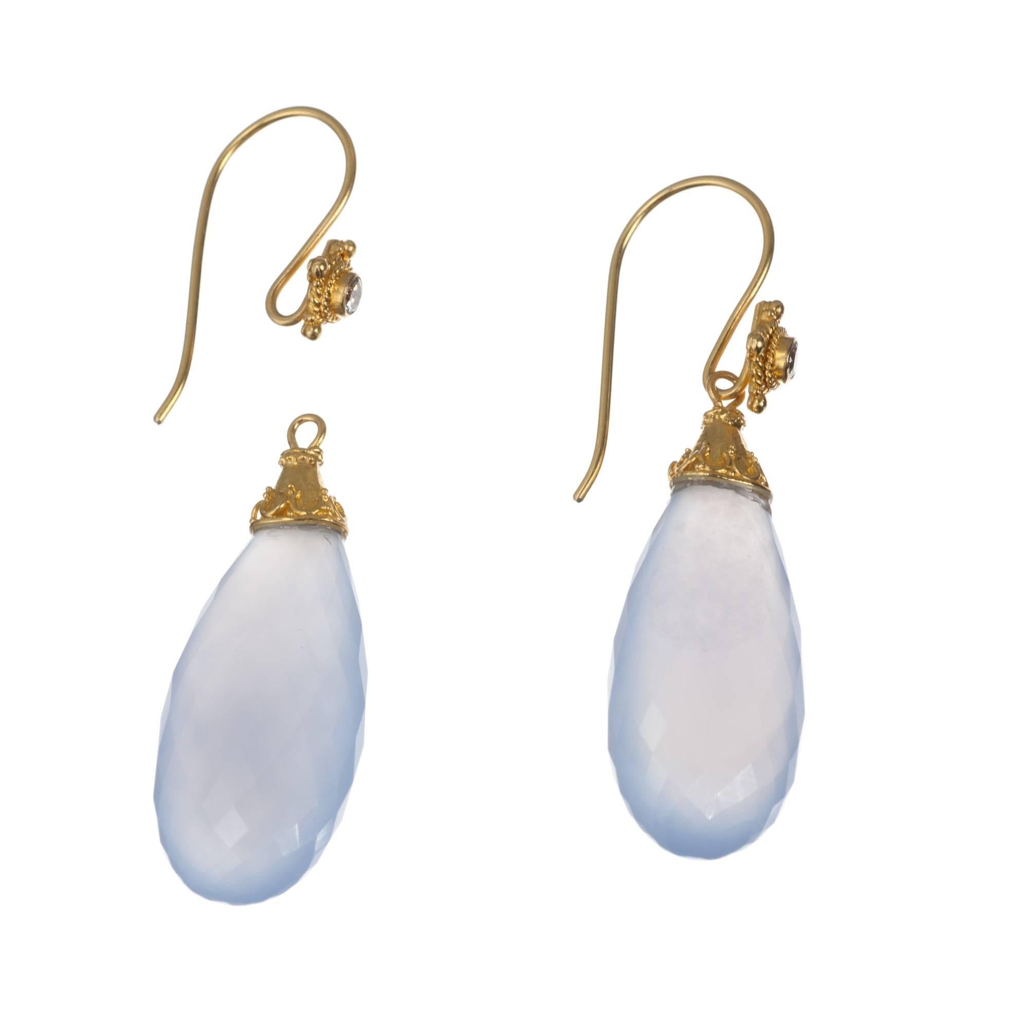 Contemporary Blue Chalcedony and Diamond Drop Earrings in 18 Karat Gold For Sale