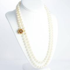Opera Length Pearls with Gold and Diamond Flower Clasp