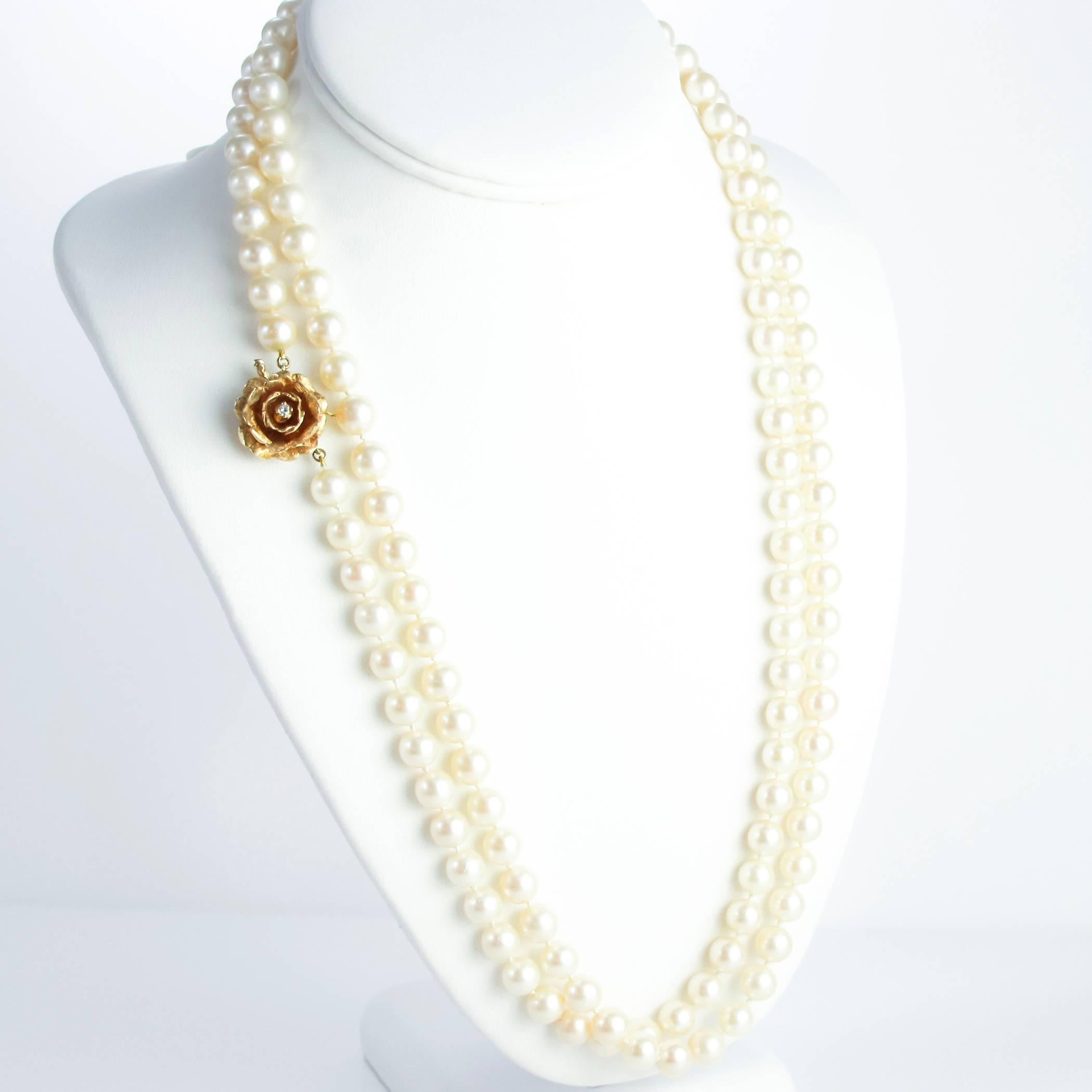 Opera Length Pearls with Gold and Diamond Flower Clasp For Sale 4