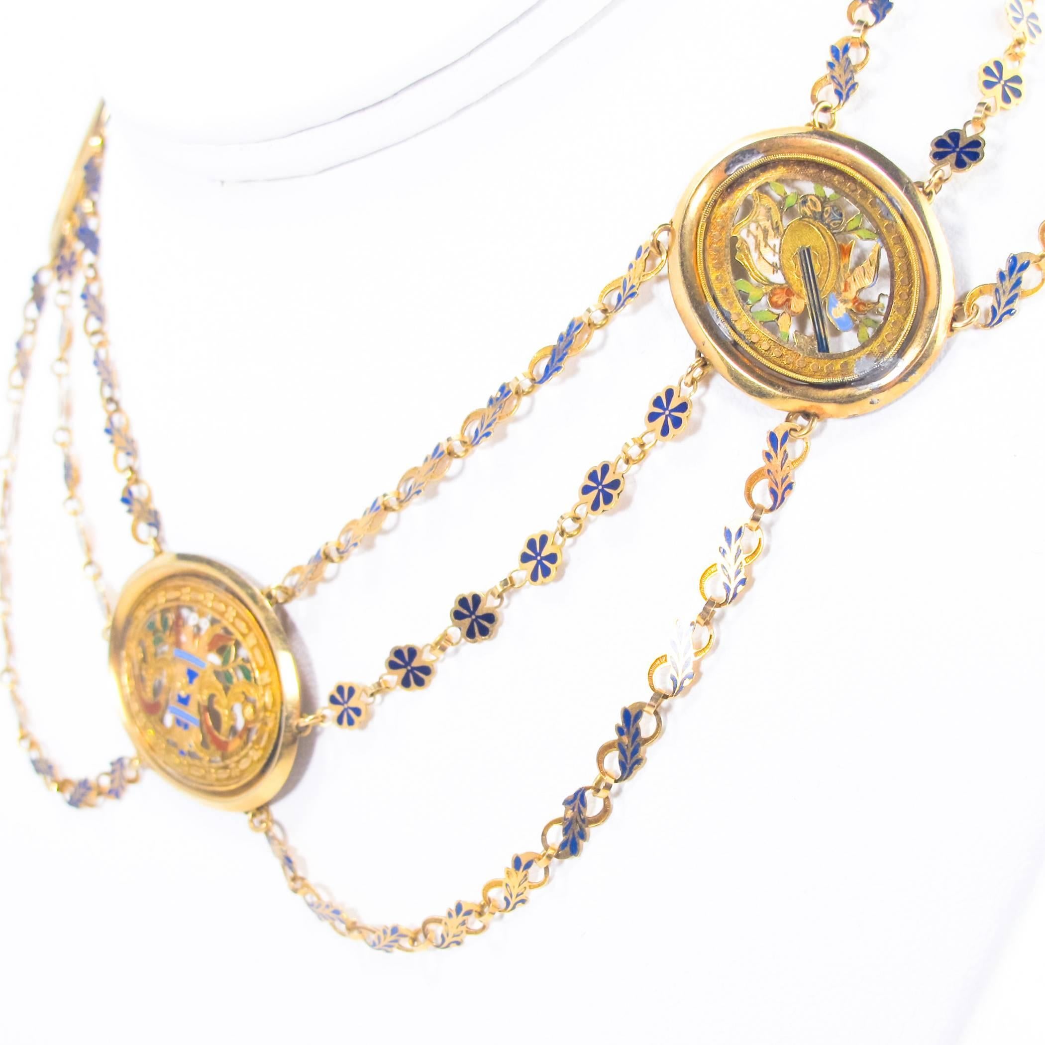 An extraordinary 18th Century hand crafted Collier d’Esclavage Necklace dating to about 1760. Three strands of cut out, etched and enamelled gold
links are caught by three enamelled plaques. Gentlemen gifted these costly
bespoke necklaces to their