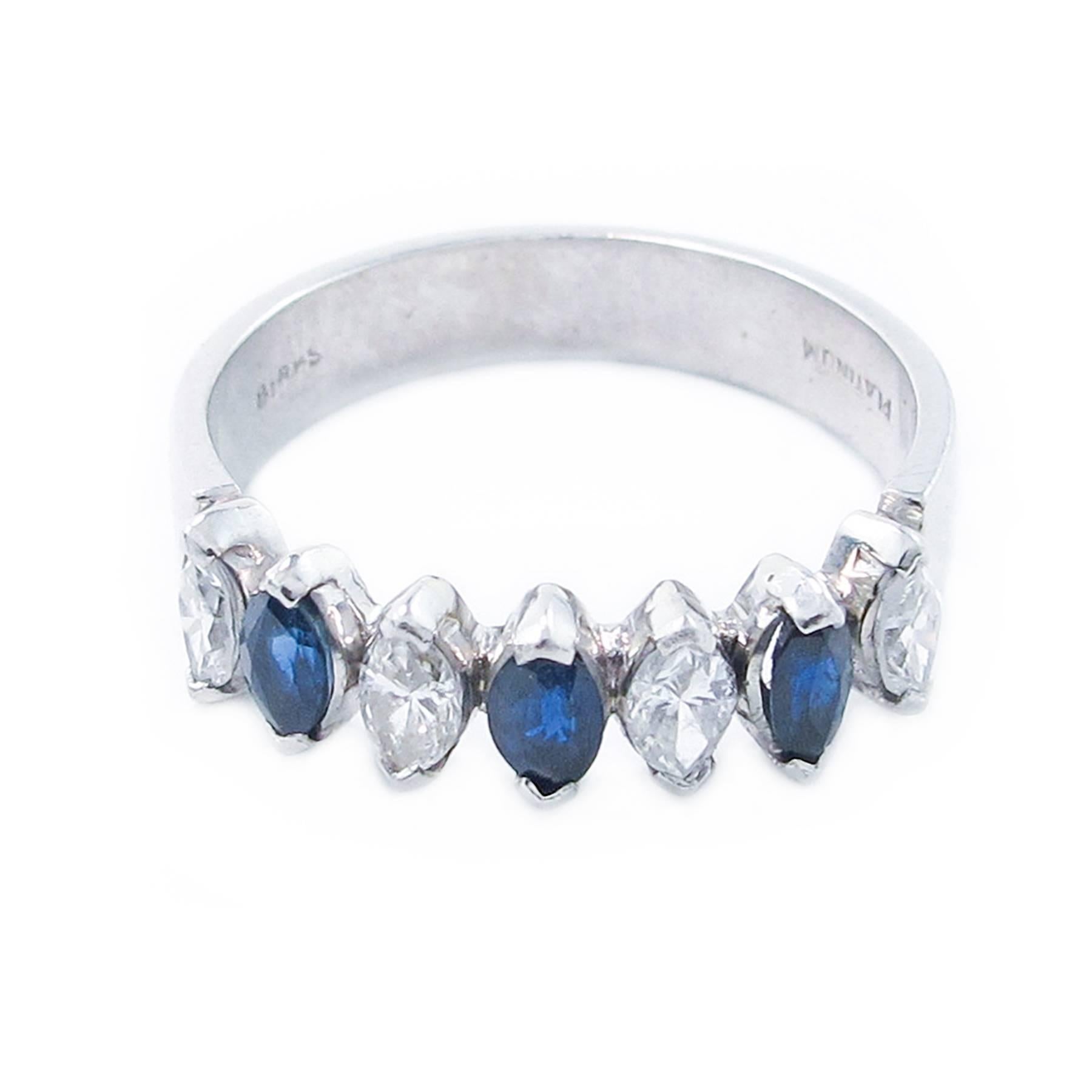 Modern Birks Blue Sapphire Diamond and Platinum Ring For Sale