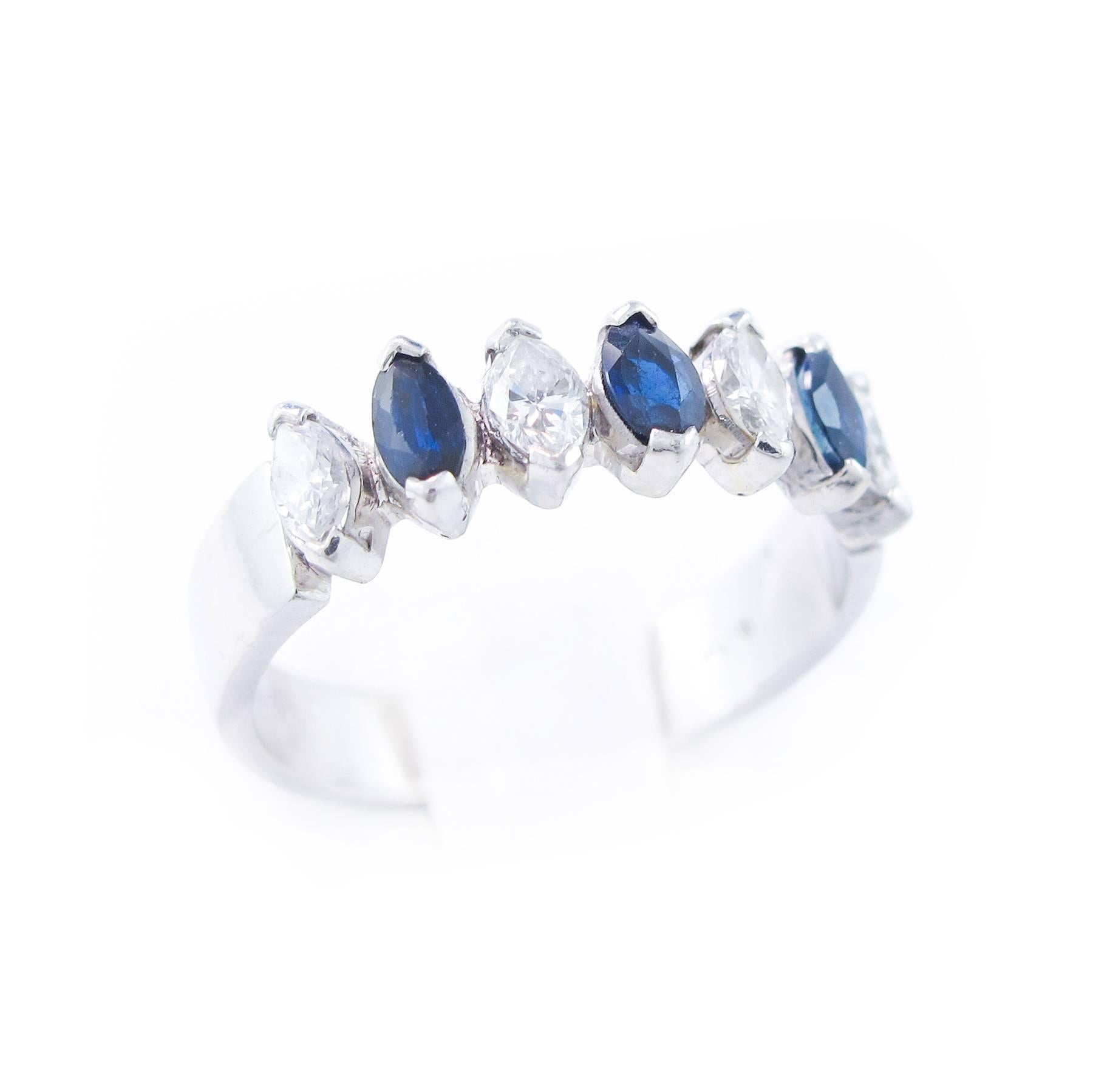 Marquise Cut Birks Blue Sapphire Diamond and Platinum Ring For Sale