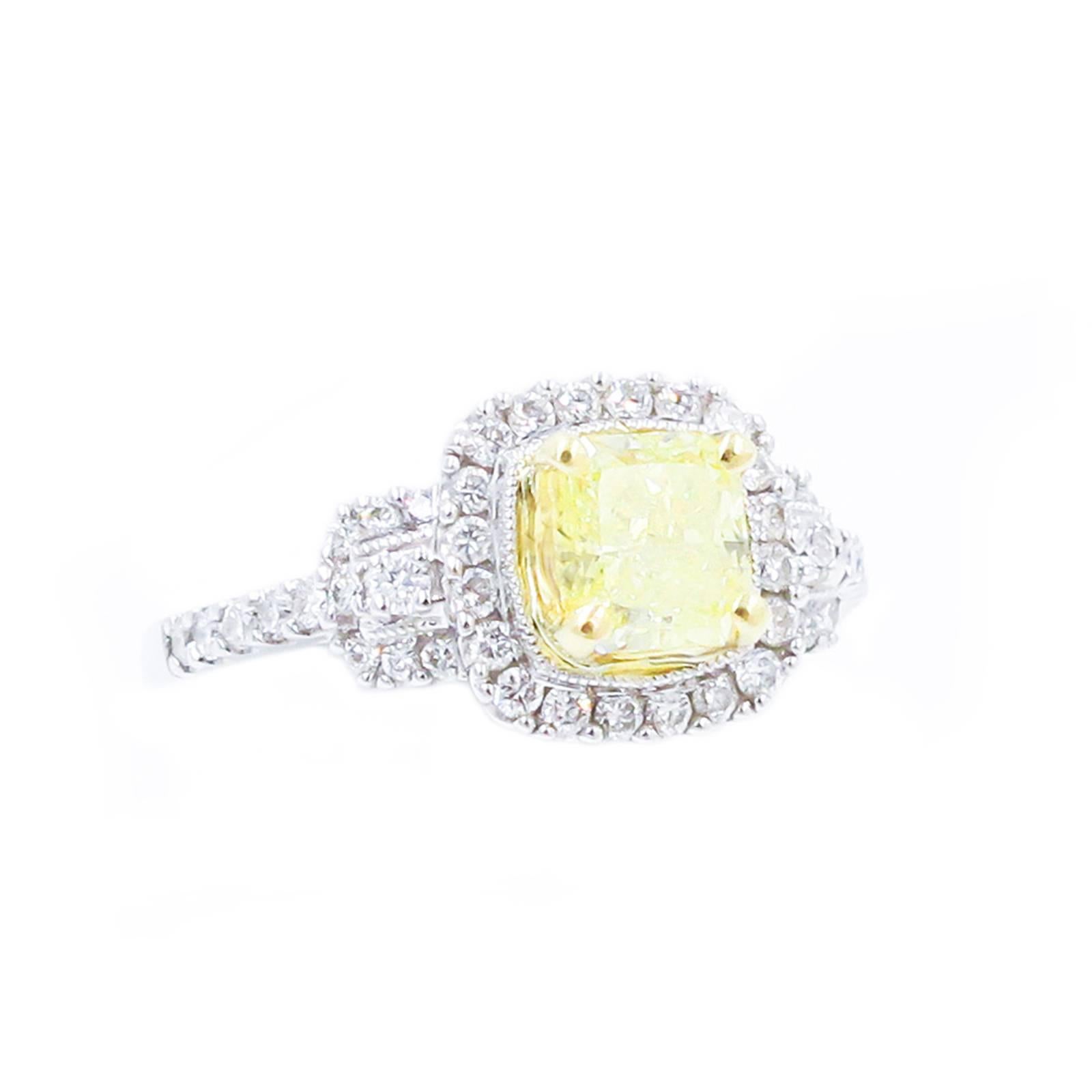 Yellow and White Diamond Halo Ring  In New Condition In Toronto, Ontario