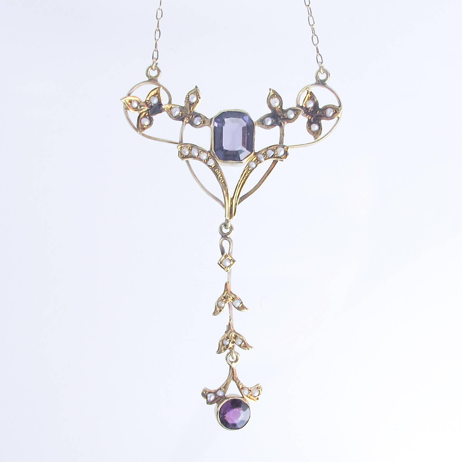 Art Nouveau Amethyst and Natural Pearl 15 Carat Gold Lavaliere  1