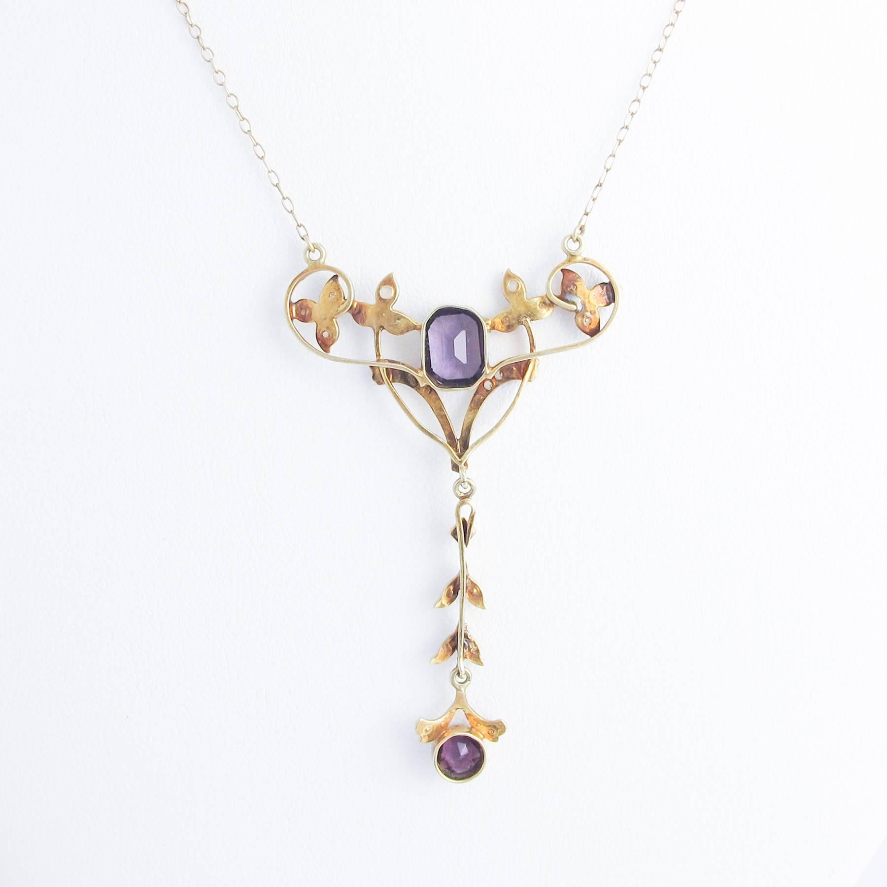 Art Nouveau Amethyst and Natural Pearl 15 Carat Gold Lavaliere  3