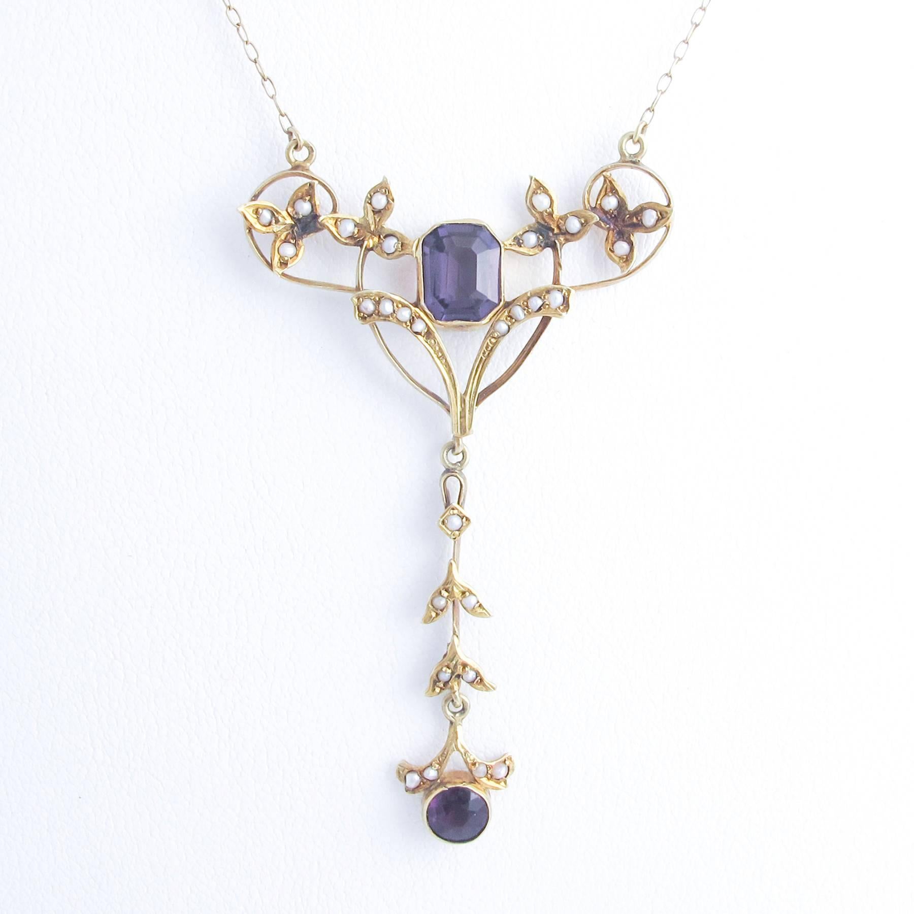 Art Nouveau Amethyst and Natural Pearl 15 Carat Gold Lavaliere  2