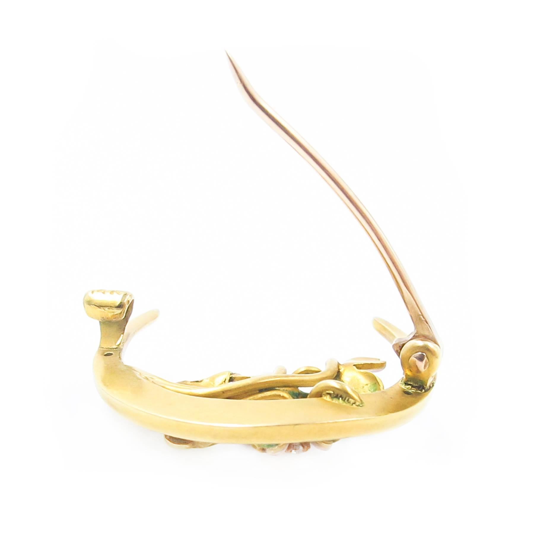Art Nouveau Enamel Diamond Gold Crescent Brooch In Excellent Condition For Sale In Toronto, Ontario