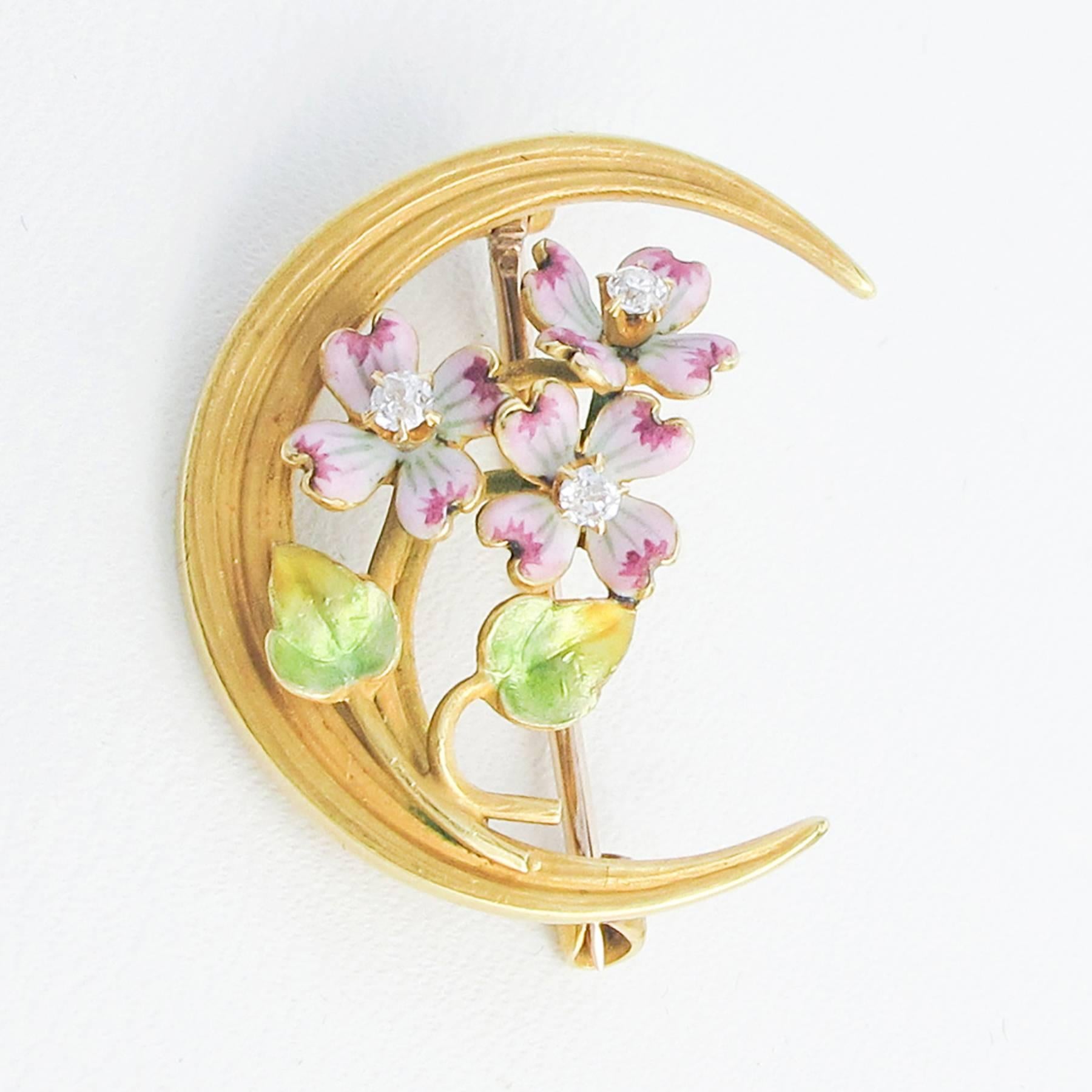 Women's Art Nouveau Enamel Diamond Gold Crescent Brooch For Sale