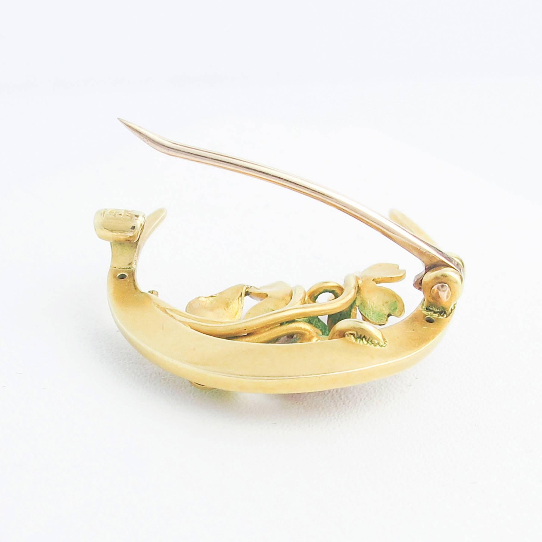 Art Nouveau Enamel Diamond Gold Crescent Brooch For Sale 2