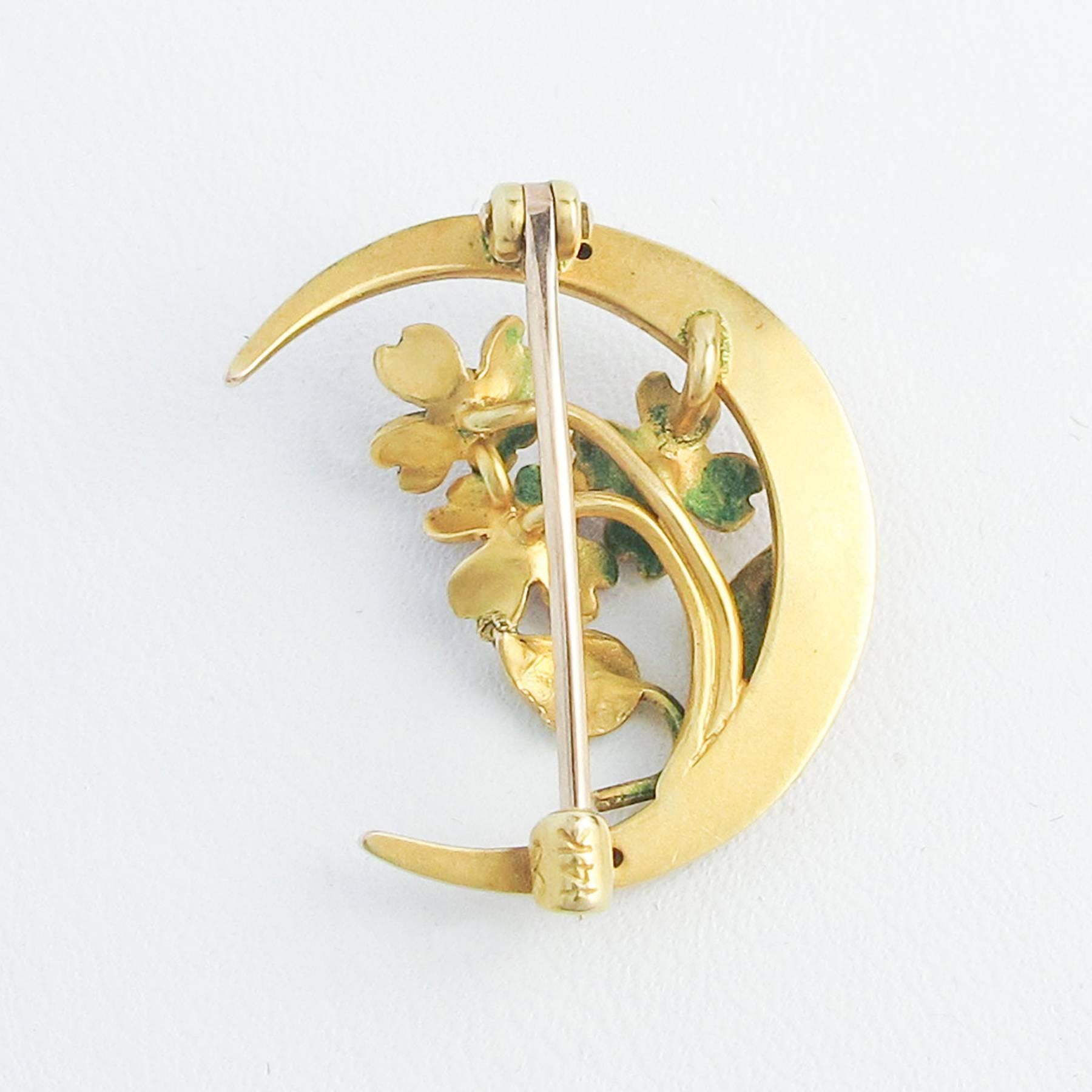 Art Nouveau Enamel Diamond Gold Crescent Brooch For Sale 1