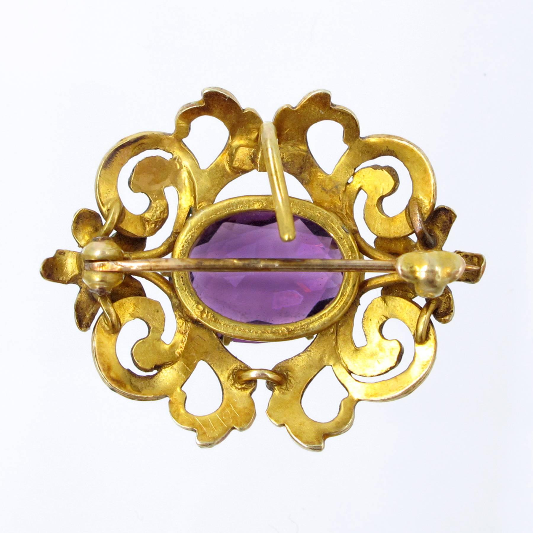 Art Nouveau Amethyst and Enamel Brooch set in Yellow Gold In Excellent Condition For Sale In Toronto, Ontario