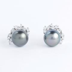 Tahitian Pearl Fancy Cut Diamond White Gold Earrings
