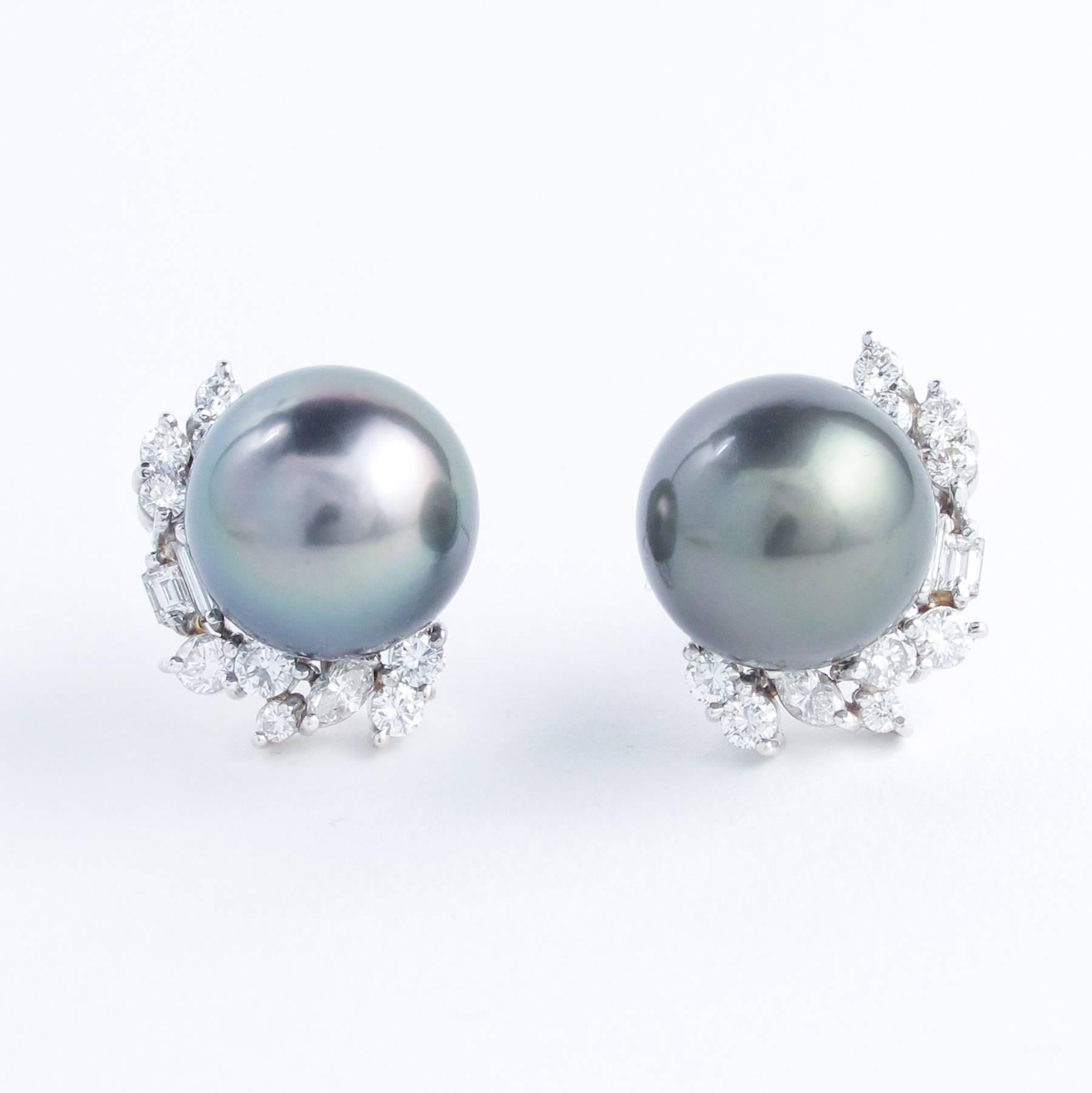 Tahitian Pearl Fancy Cut Diamond White Gold Earrings In Excellent Condition For Sale In Toronto, Ontario