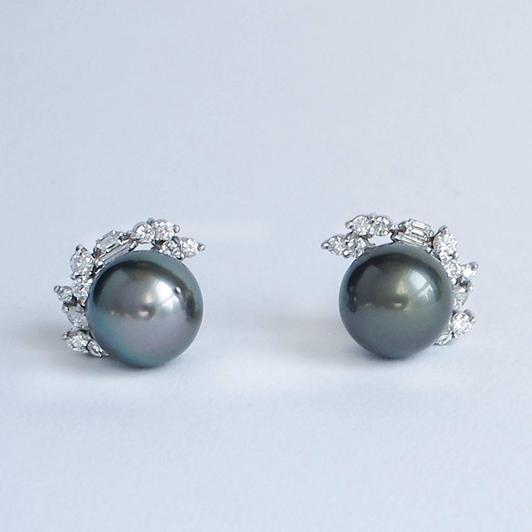 Tahitian Pearl Fancy Cut Diamond White Gold Earrings For Sale 3