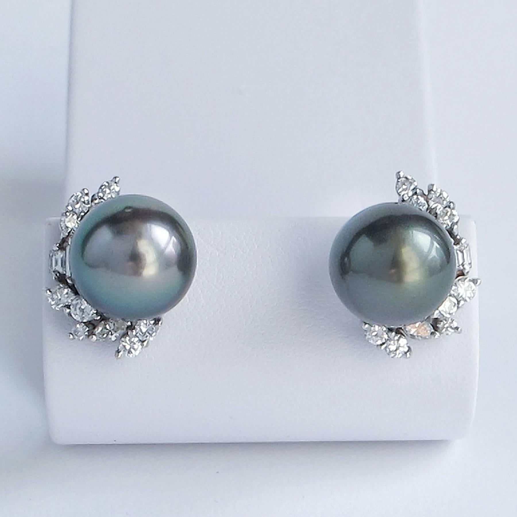 Tahitian Pearl Fancy Cut Diamond White Gold Earrings For Sale 1