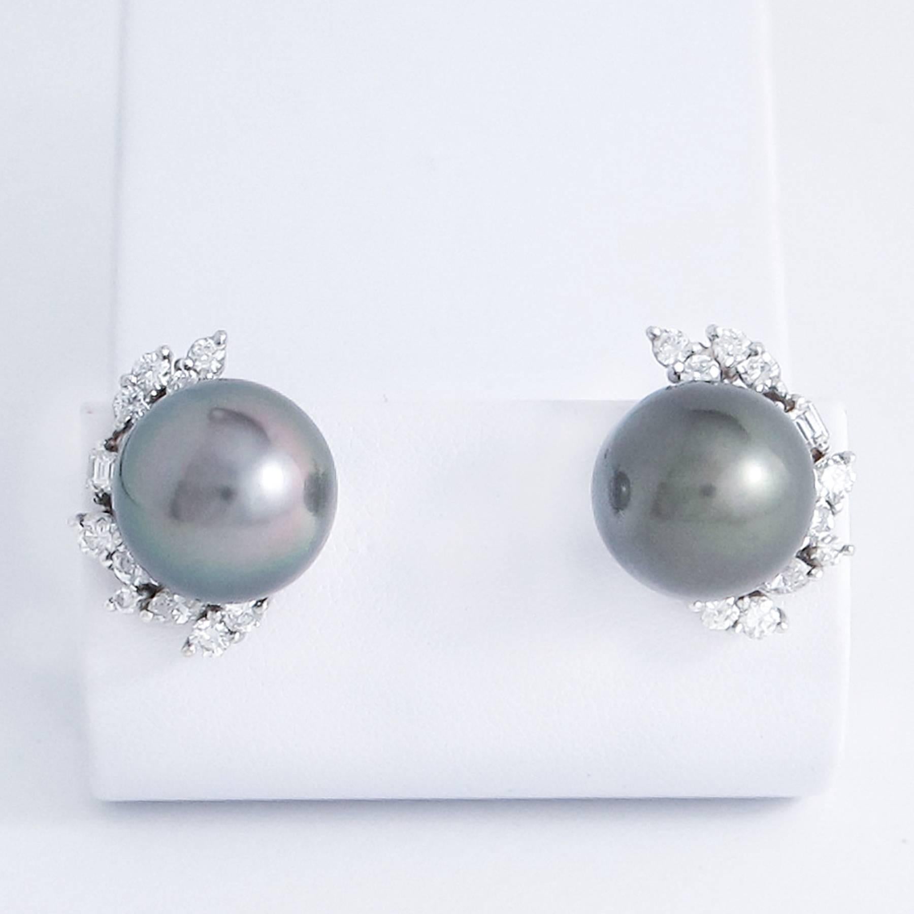 Women's Tahitian Pearl Fancy Cut Diamond White Gold Earrings For Sale