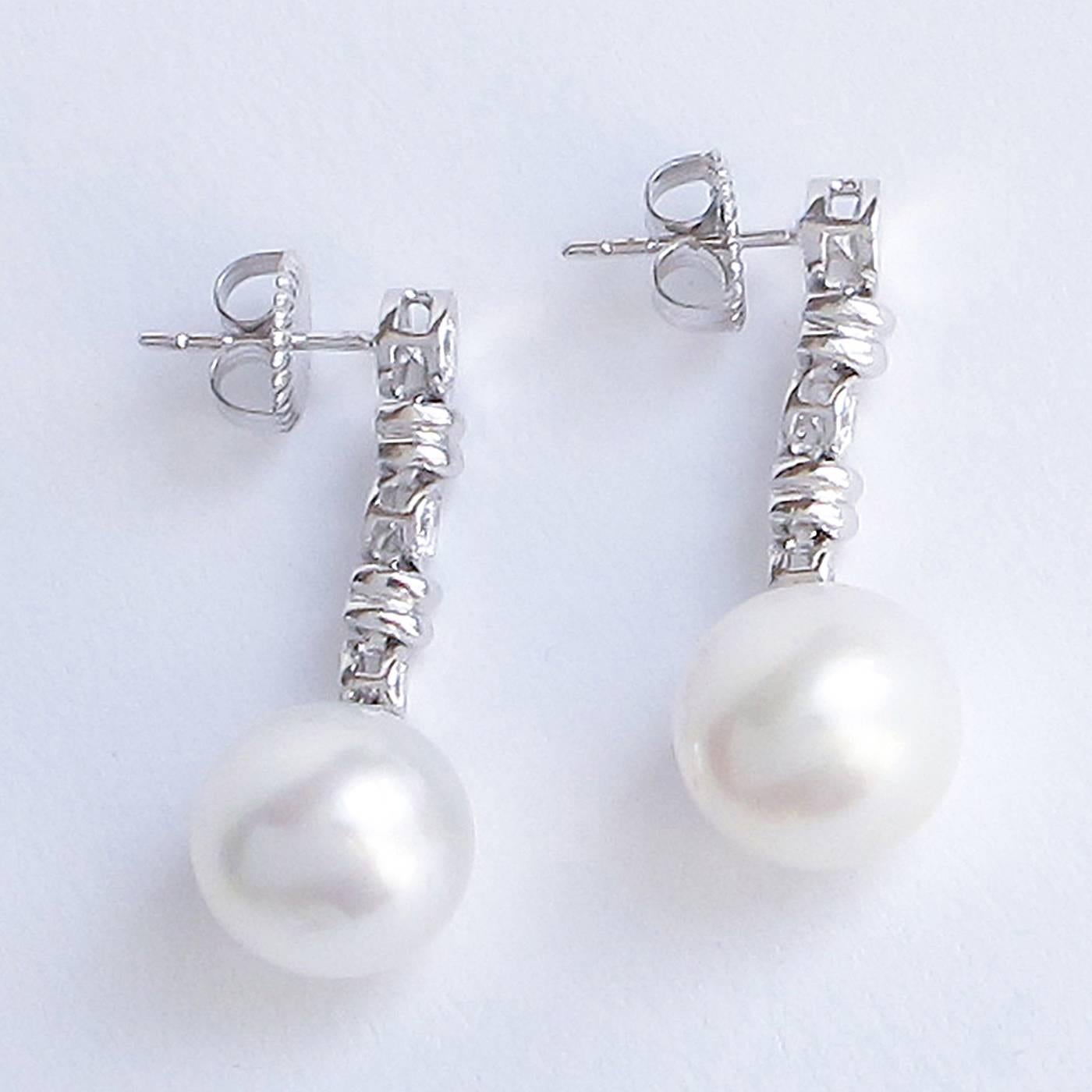 Women's South Sea Pearl and Diamond Drop Earrings Set in White Gold