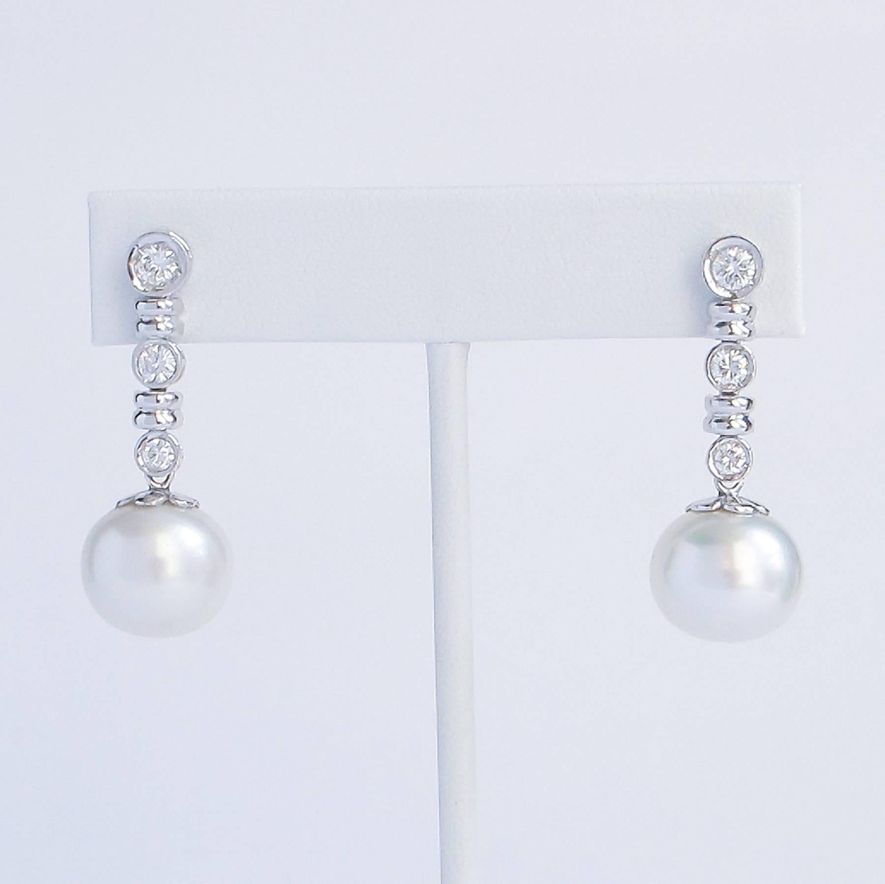 Contemporary South Sea Pearl and Diamond Drop Earrings Set in White Gold