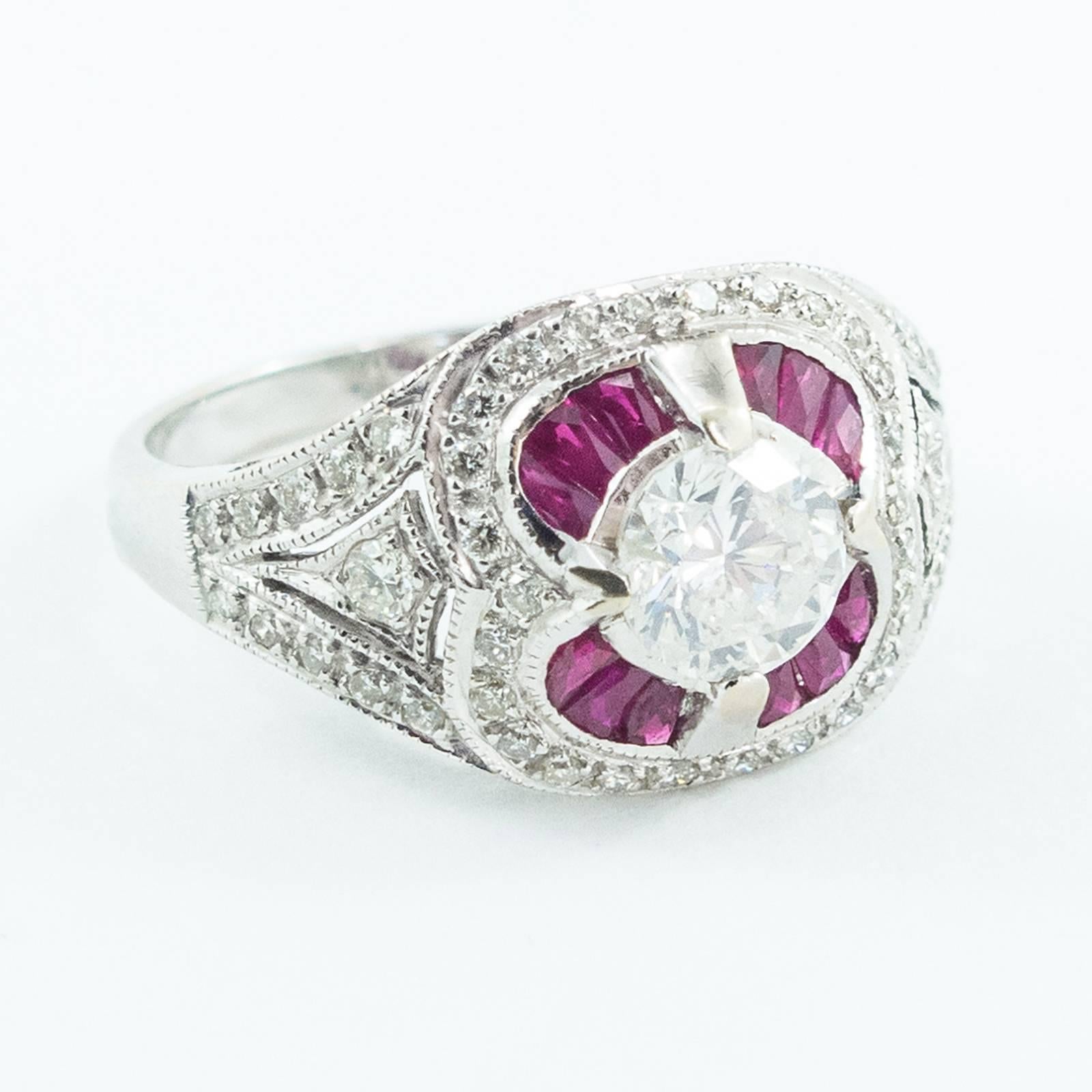 Baguette Cut Diamond and Red Ruby 18 Karat White Gold Ring For Sale