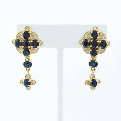 Blue Sapphire Diamond Gold Cross Drop Earrings