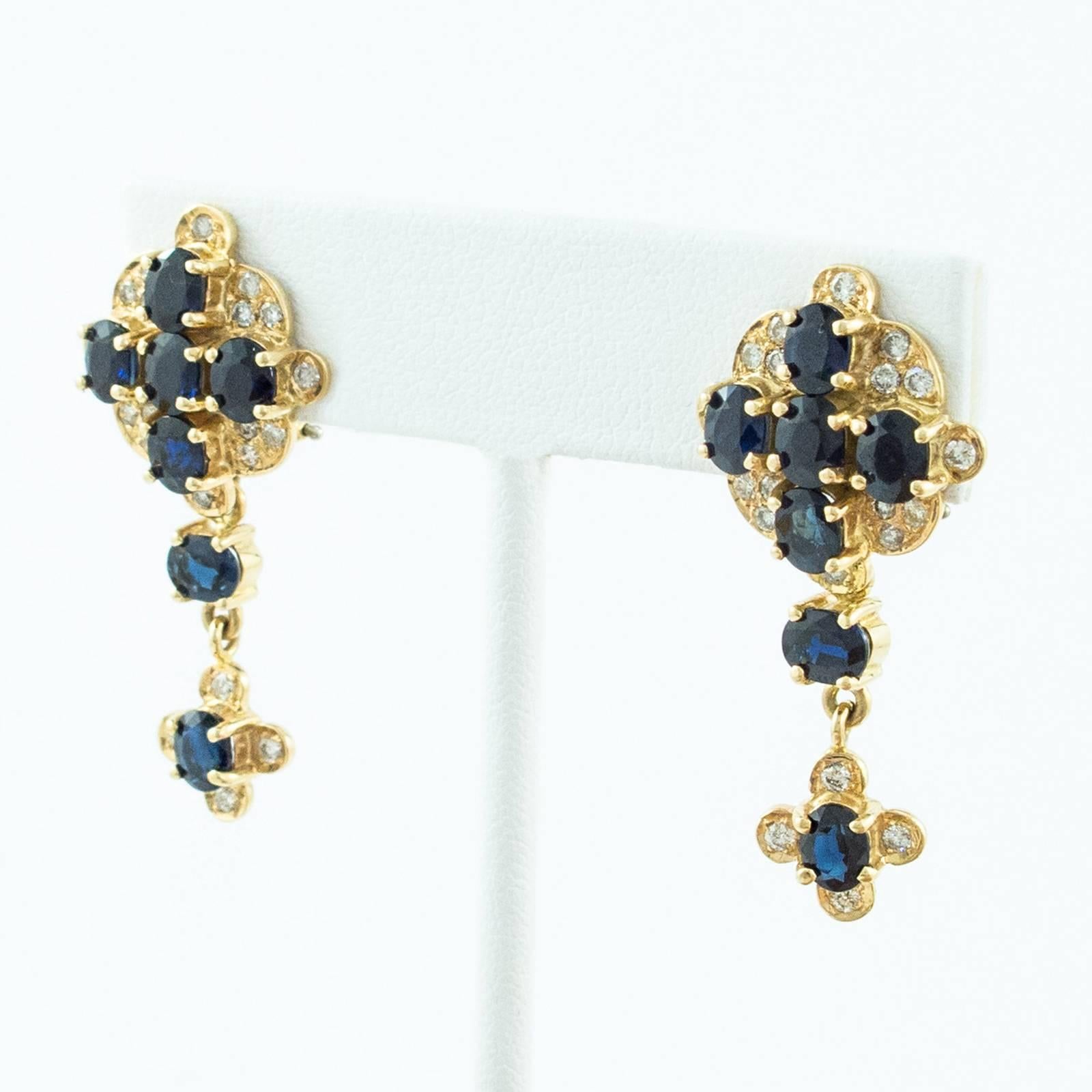 Blue Sapphire Diamond Gold Cross Drop Earrings In New Condition For Sale In Toronto, Ontario