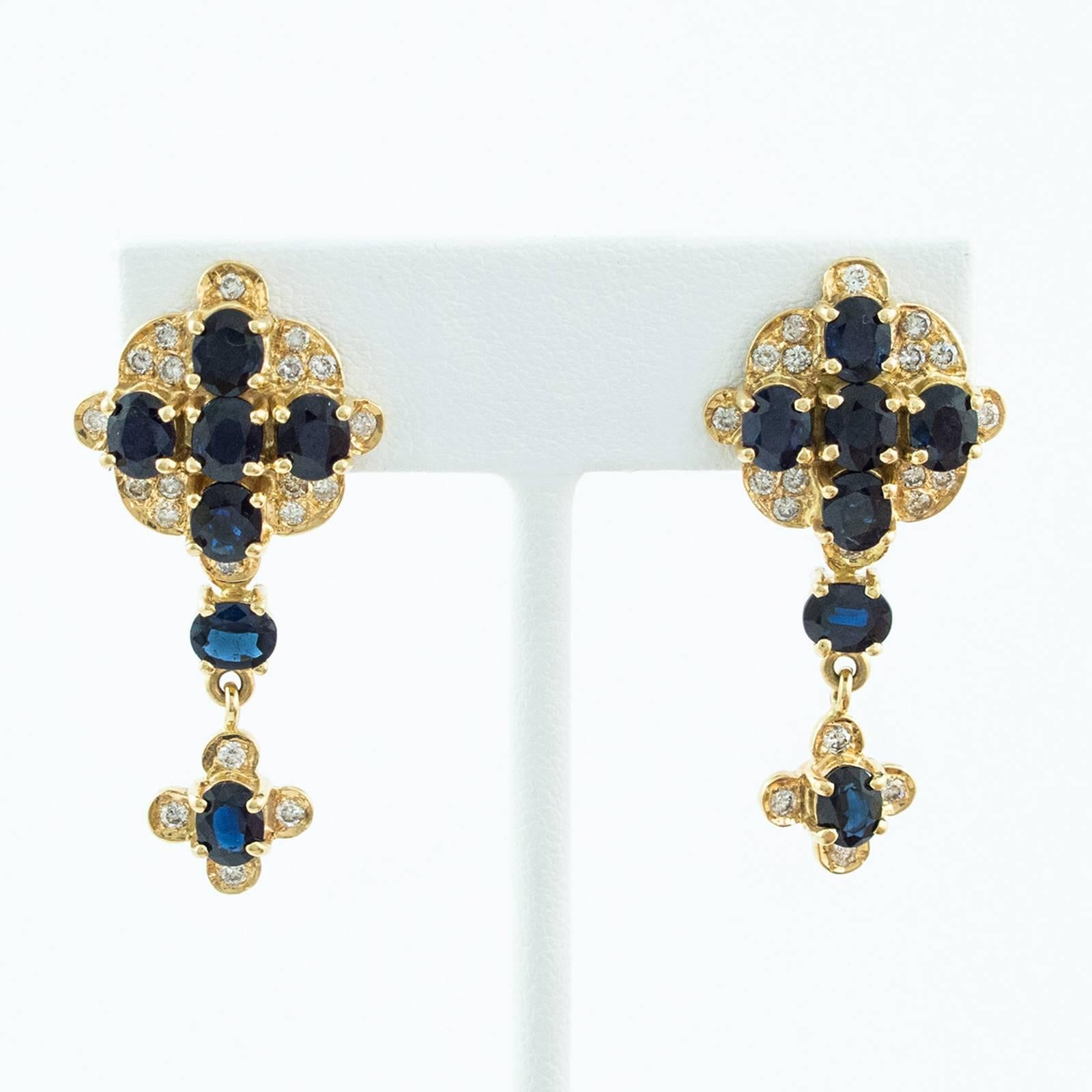 Blue Sapphire Diamond Gold Cross Drop Earrings For Sale 3