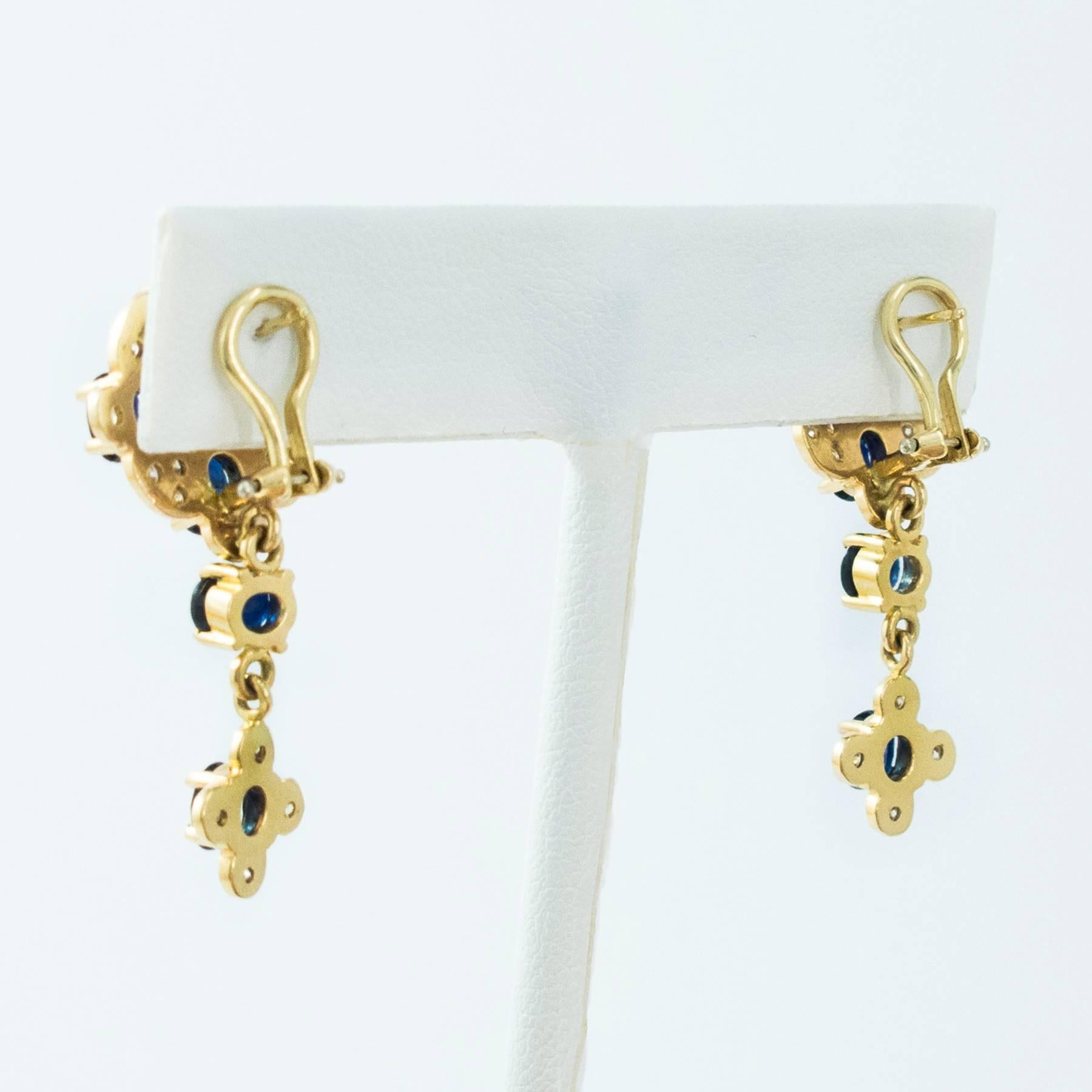 Blue Sapphire Diamond Gold Cross Drop Earrings For Sale 4