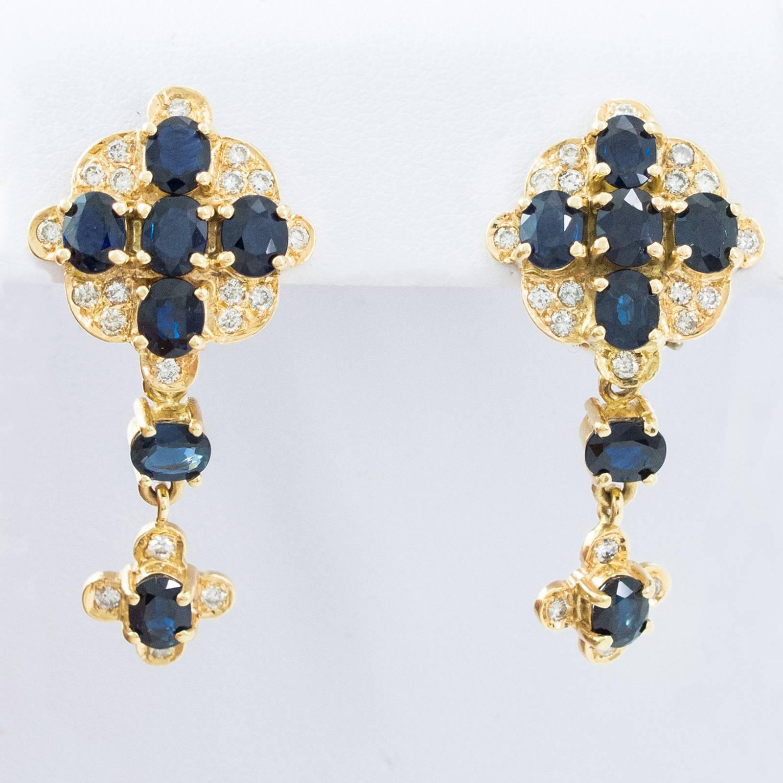 Women's Blue Sapphire Diamond Gold Cross Drop Earrings For Sale