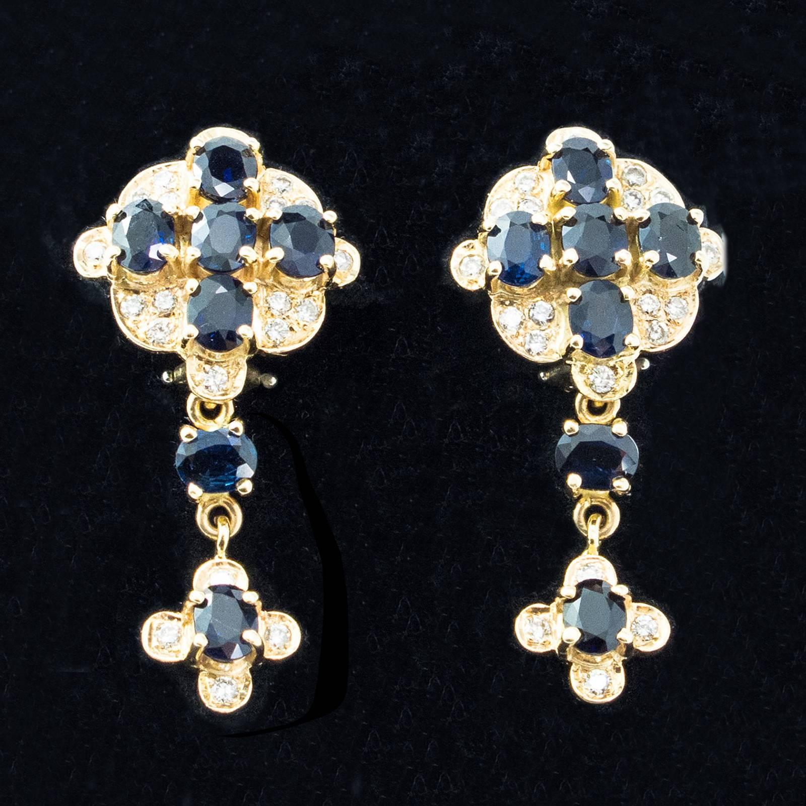 Blue Sapphire Diamond Gold Cross Drop Earrings For Sale 1