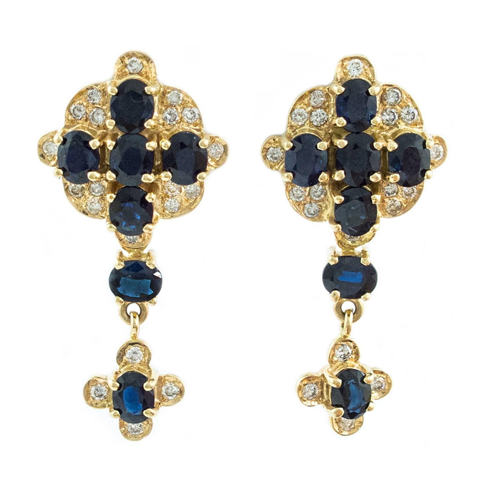 Blue Sapphire Diamond Gold Cross Drop Earrings For Sale 2