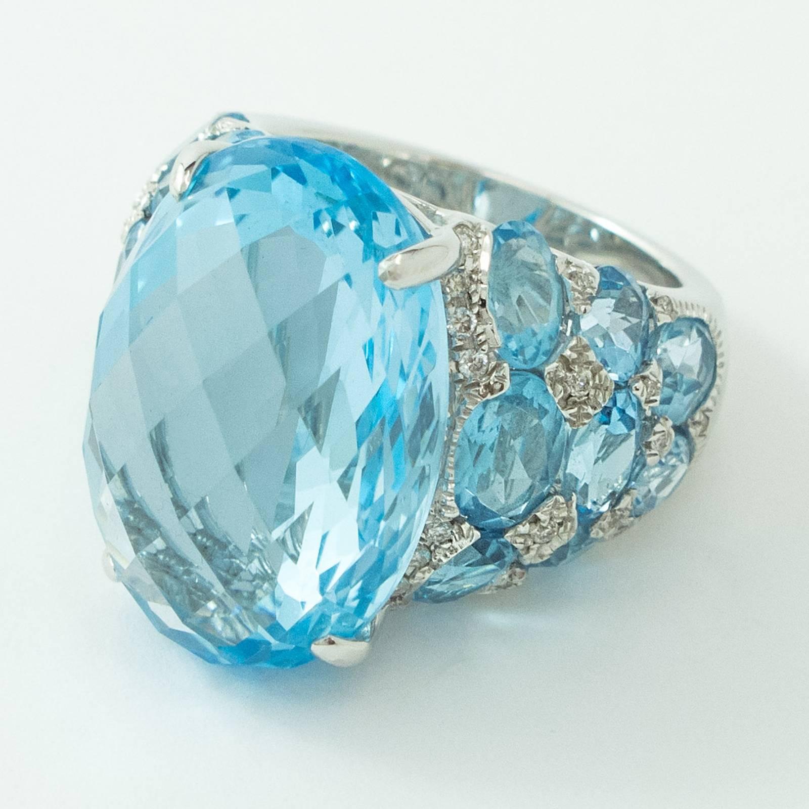 Oval Cut Blue Topaz Diamond White Gold Ring For Sale