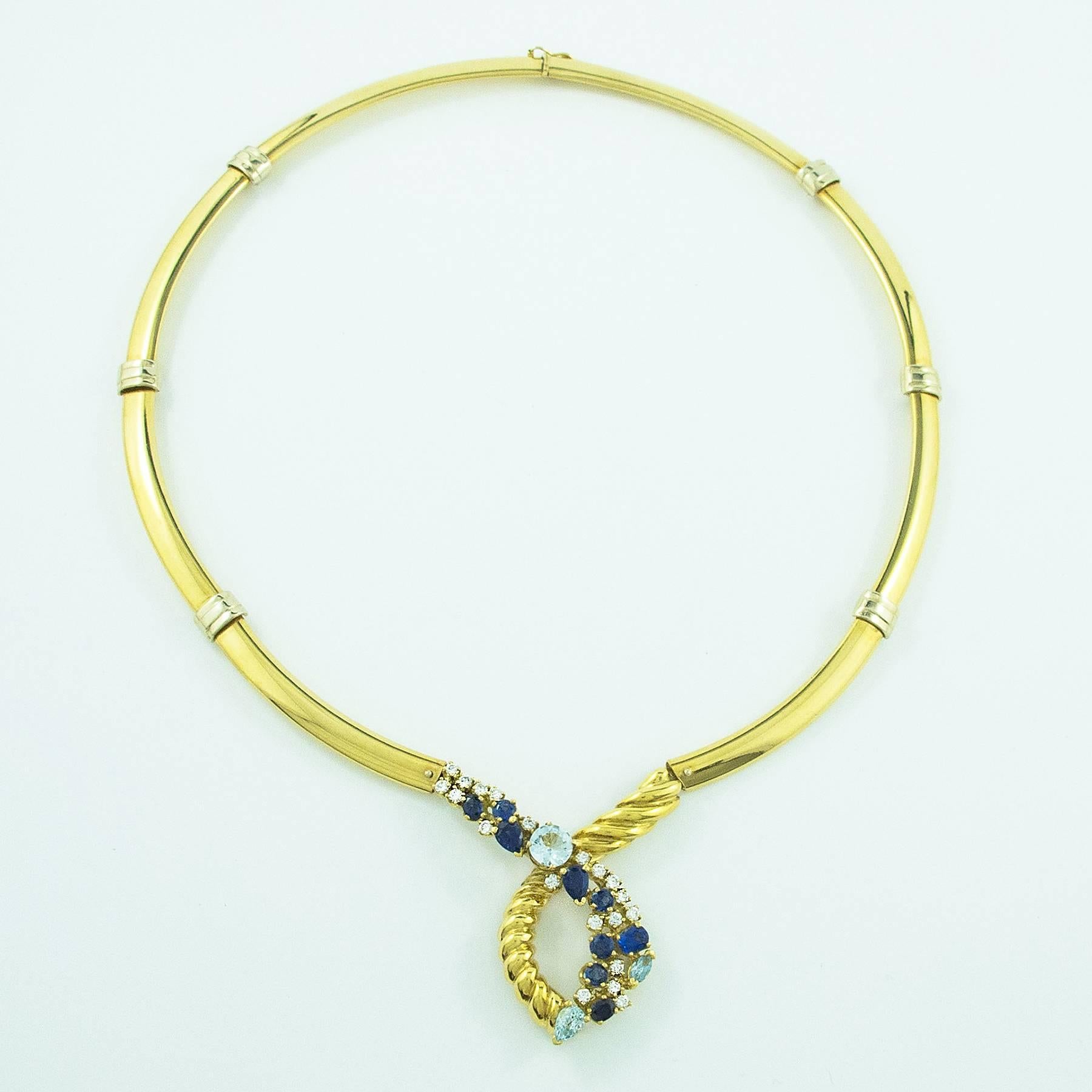Modern Beni Sung Aquamarine Diamond Sapphire Gold Necklace with Original Drawing For Sale
