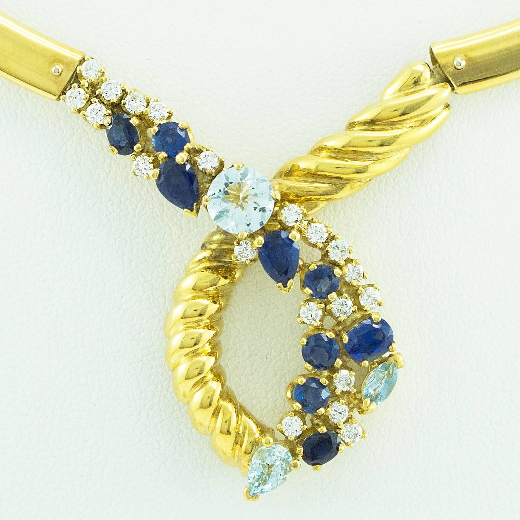 Beni Sung Aquamarine Diamond Sapphire Gold Necklace with Original Drawing In Excellent Condition For Sale In Toronto, Ontario