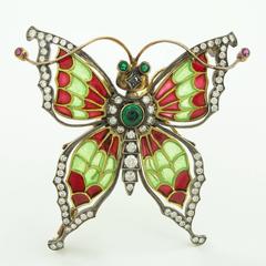 Plique a Jour Enamel Diamond and Gold Butterfly Brooch