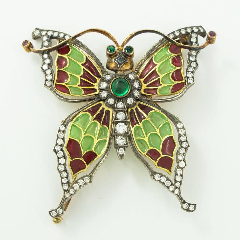 Plique a Jour Enamel Diamond and Gold Butterfly Brooch For Sale at 1stDibs