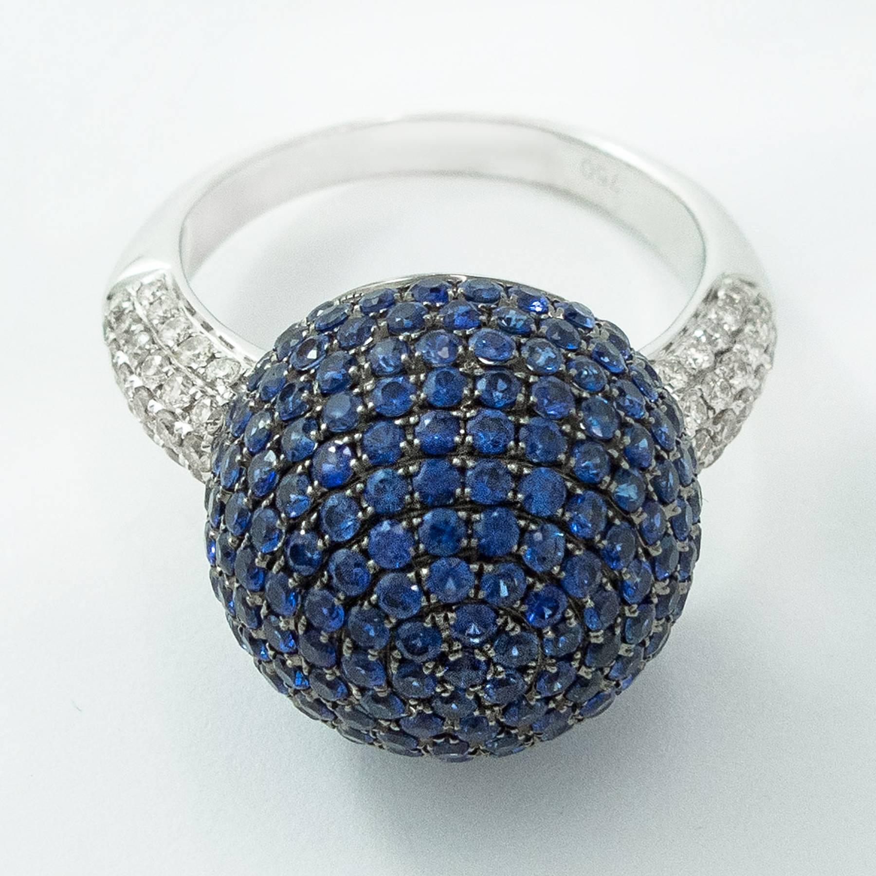 Modern Blue Sapphire Diamond Ball Ring For Sale
