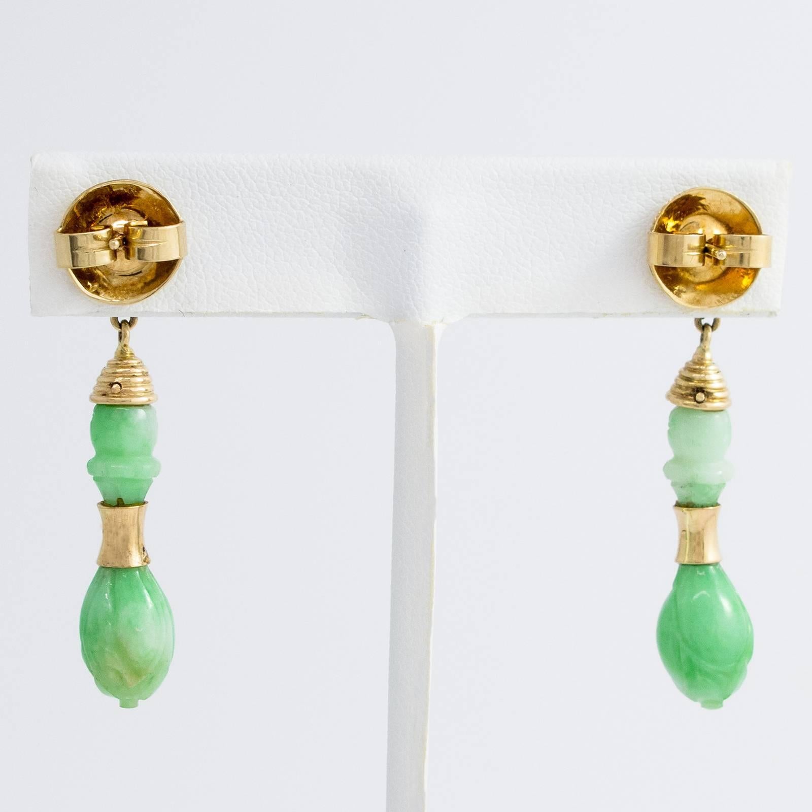 Women's Carved Jade and Pearl Drop Earrings with diamonds in yellow gold