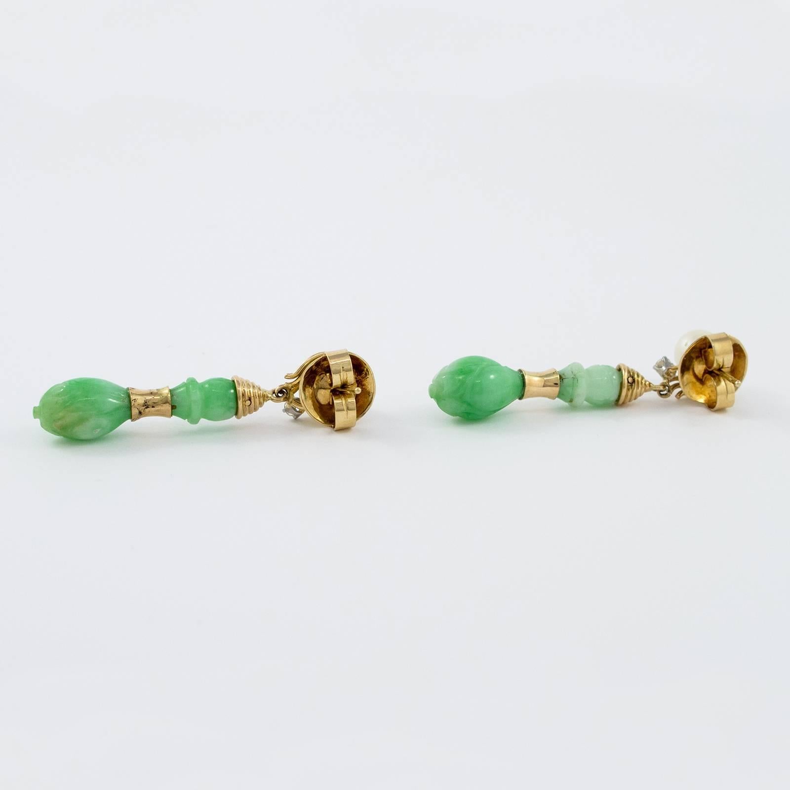 Carved Jade and Pearl Drop Earrings with diamonds in yellow gold 1