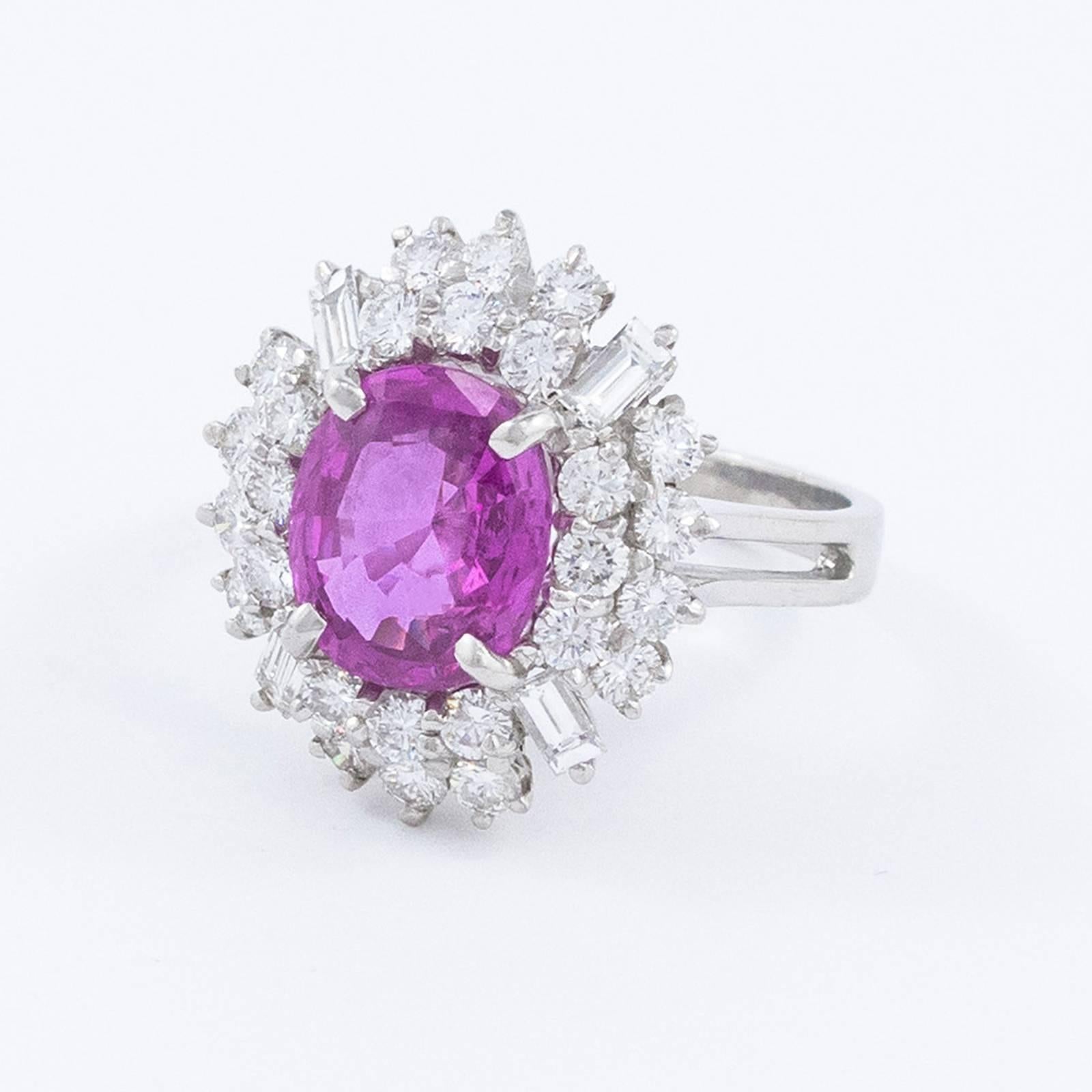 Women's Oval Cut Pink Sapphire Diamond Platinum Cluster Ring  For Sale