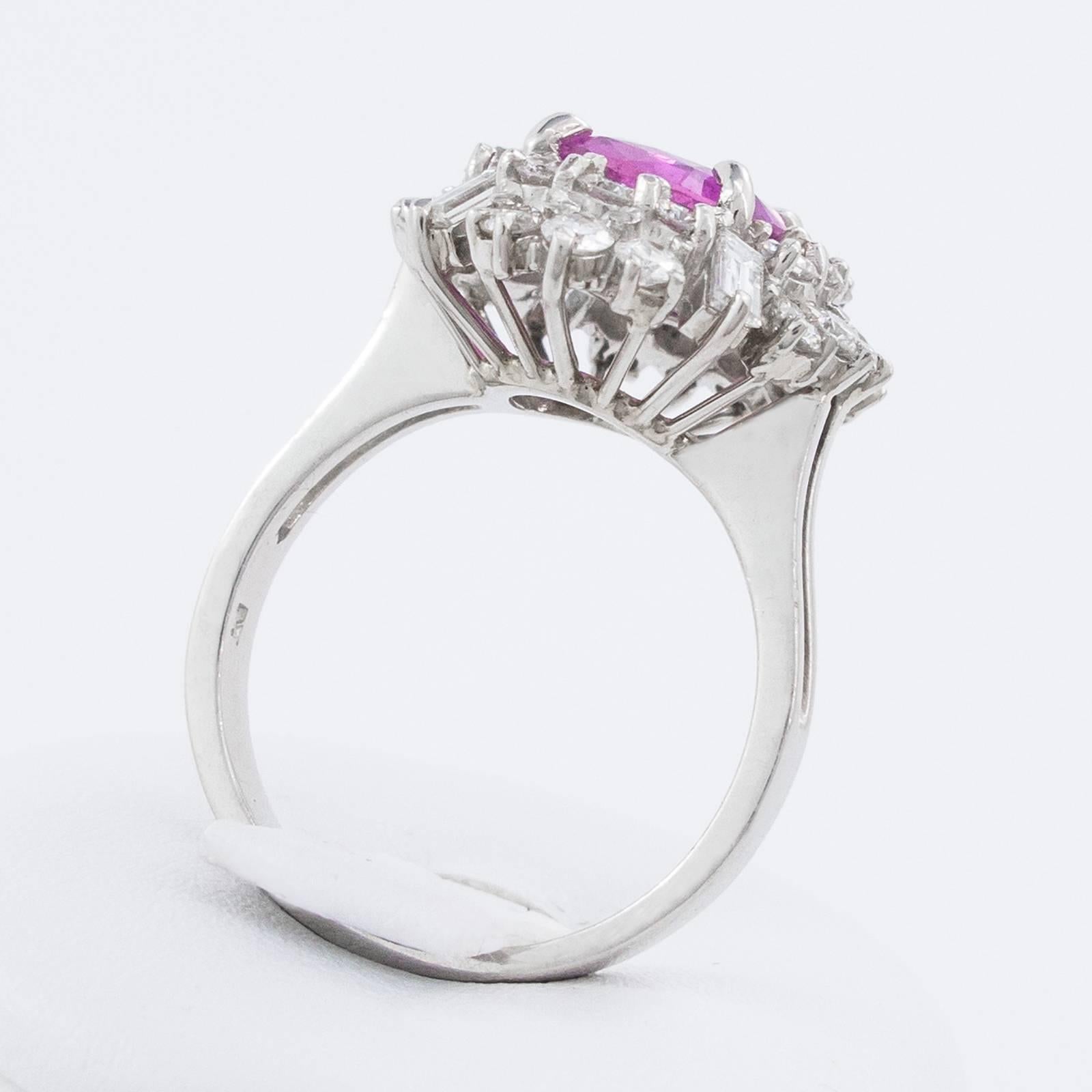 Oval Cut Pink Sapphire Diamond Platinum Cluster Ring  For Sale 4