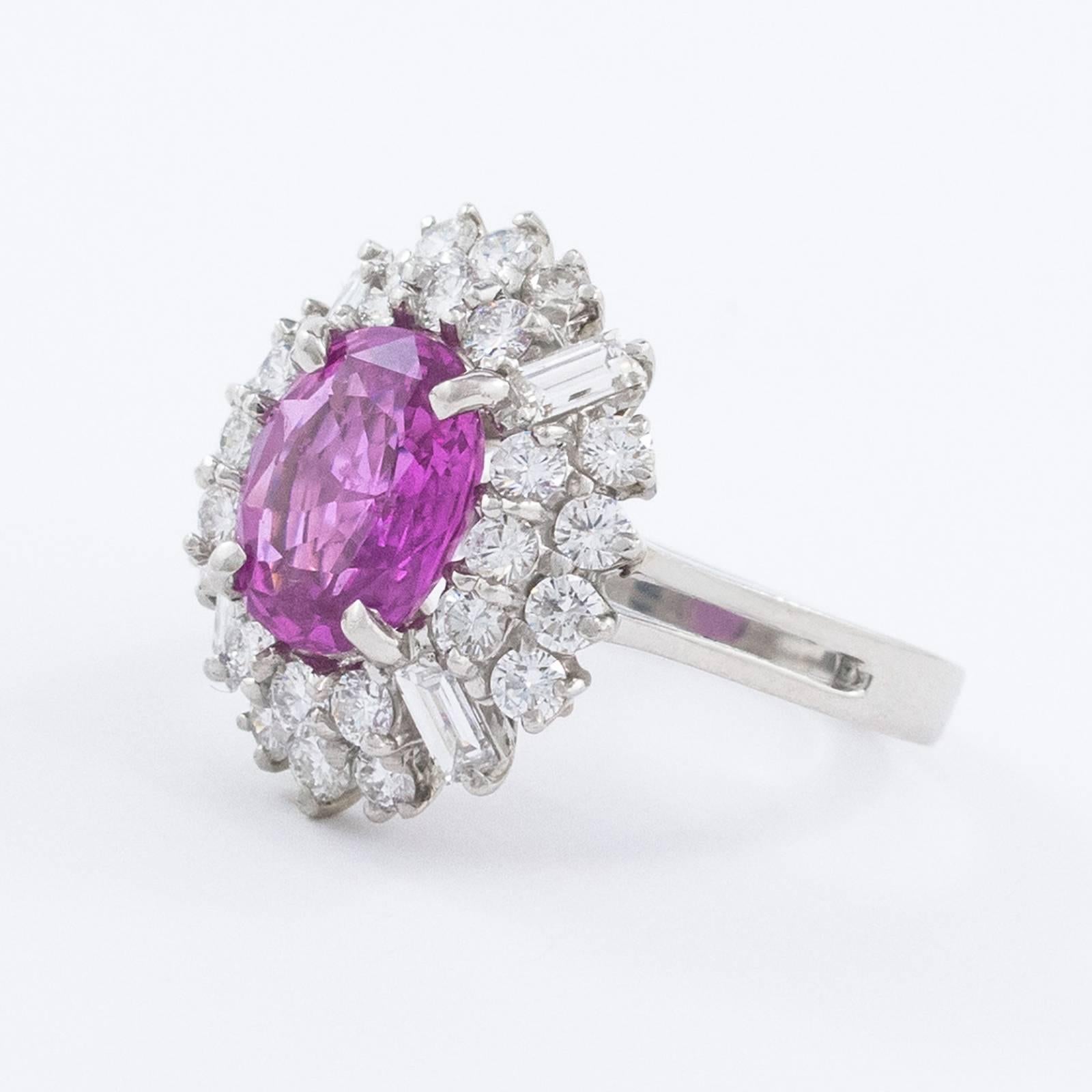 Oval Cut Pink Sapphire Diamond Platinum Cluster Ring  For Sale 3