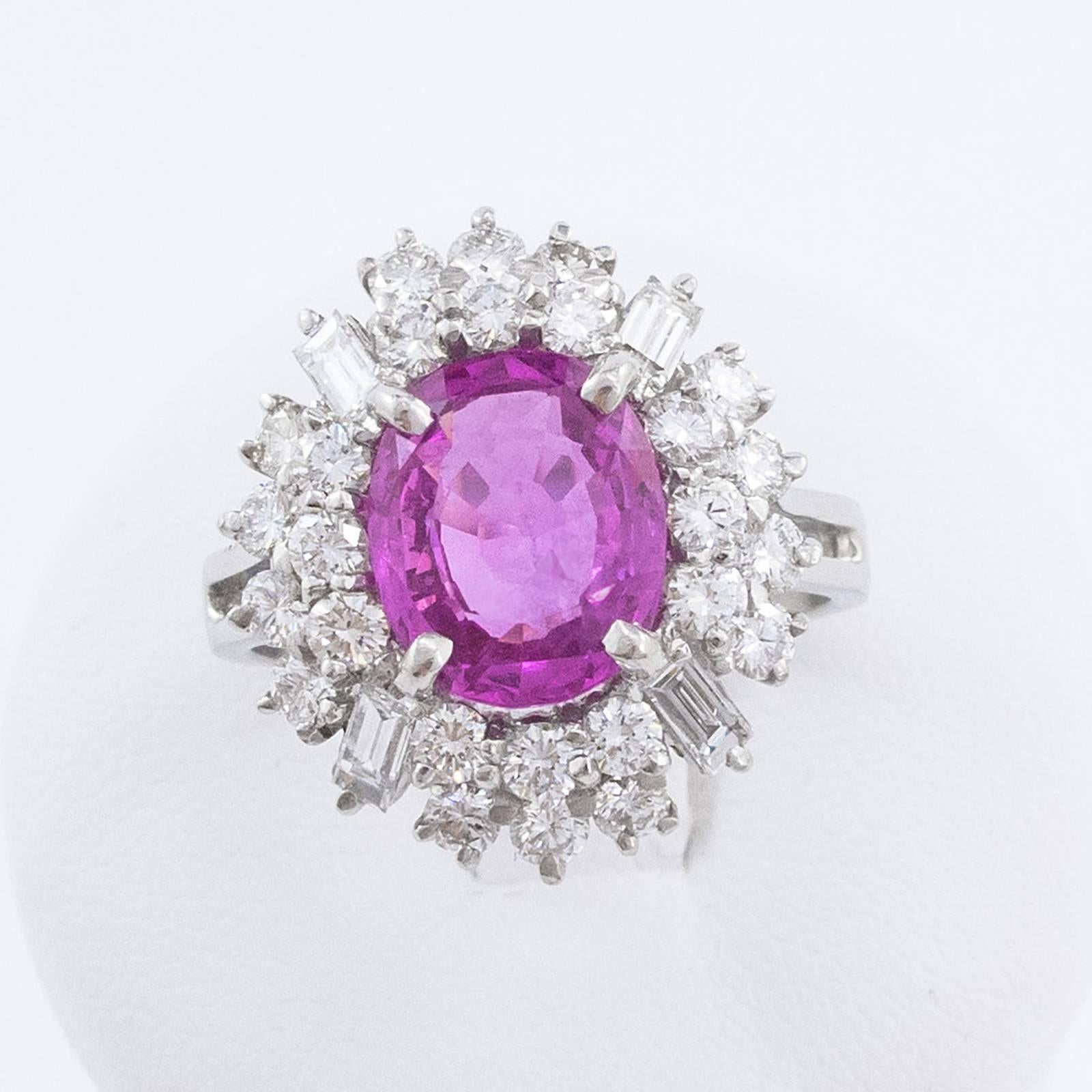 Oval Cut Pink Sapphire Diamond Platinum Cluster Ring  For Sale 2