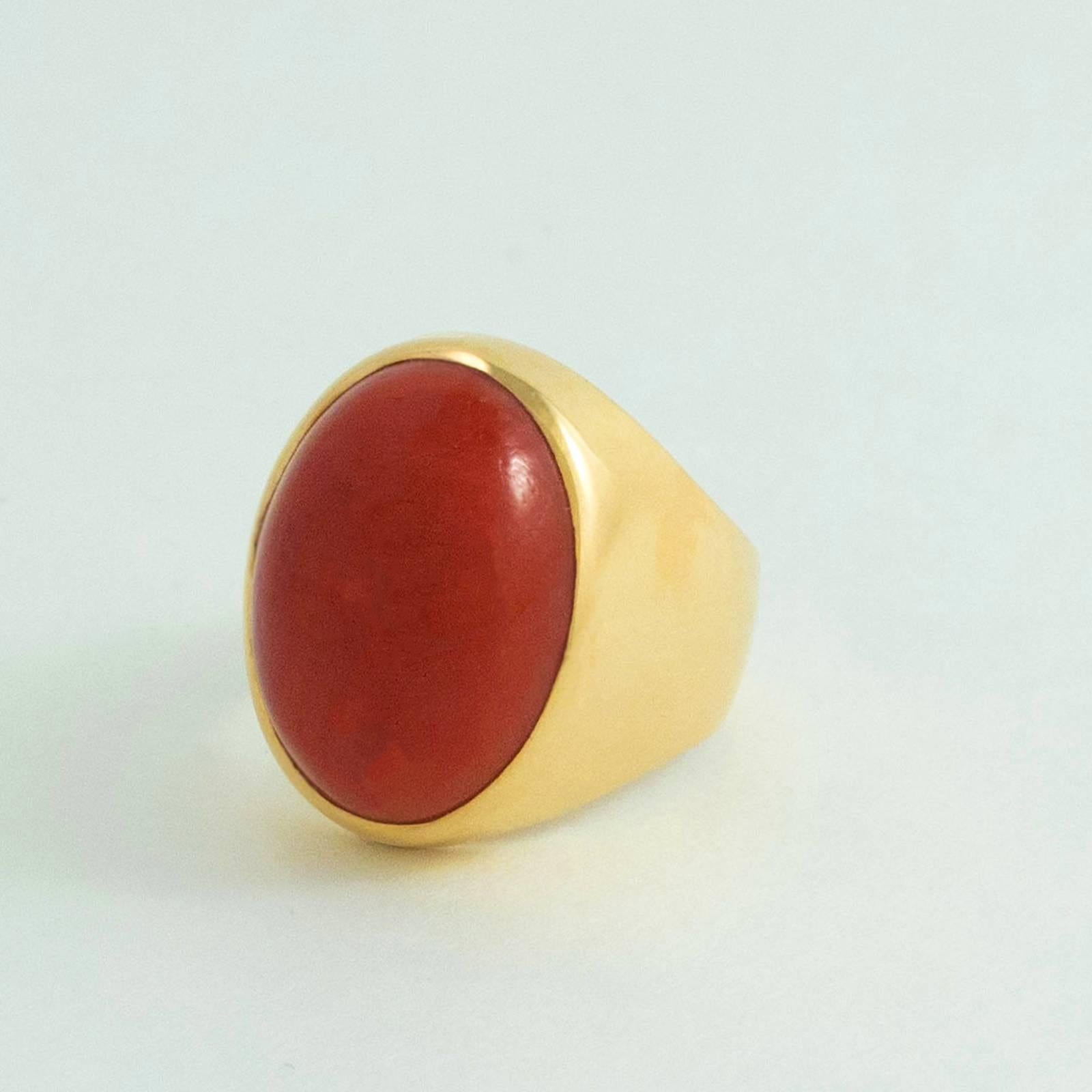 Women's Large Cabochon Sardinian Red Coral Gold Ring