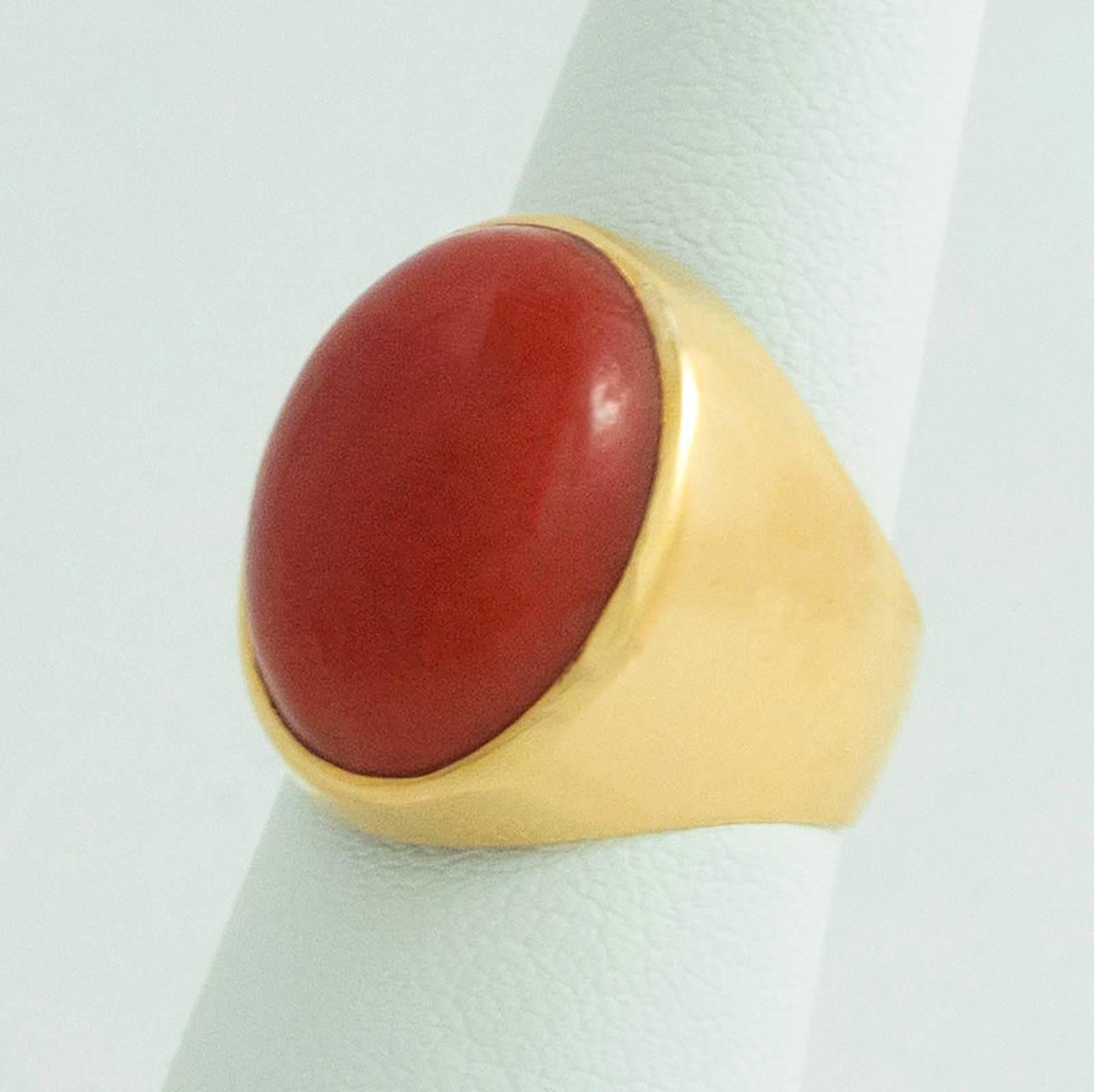 Large Cabochon Sardinian Red Coral Gold Ring 2