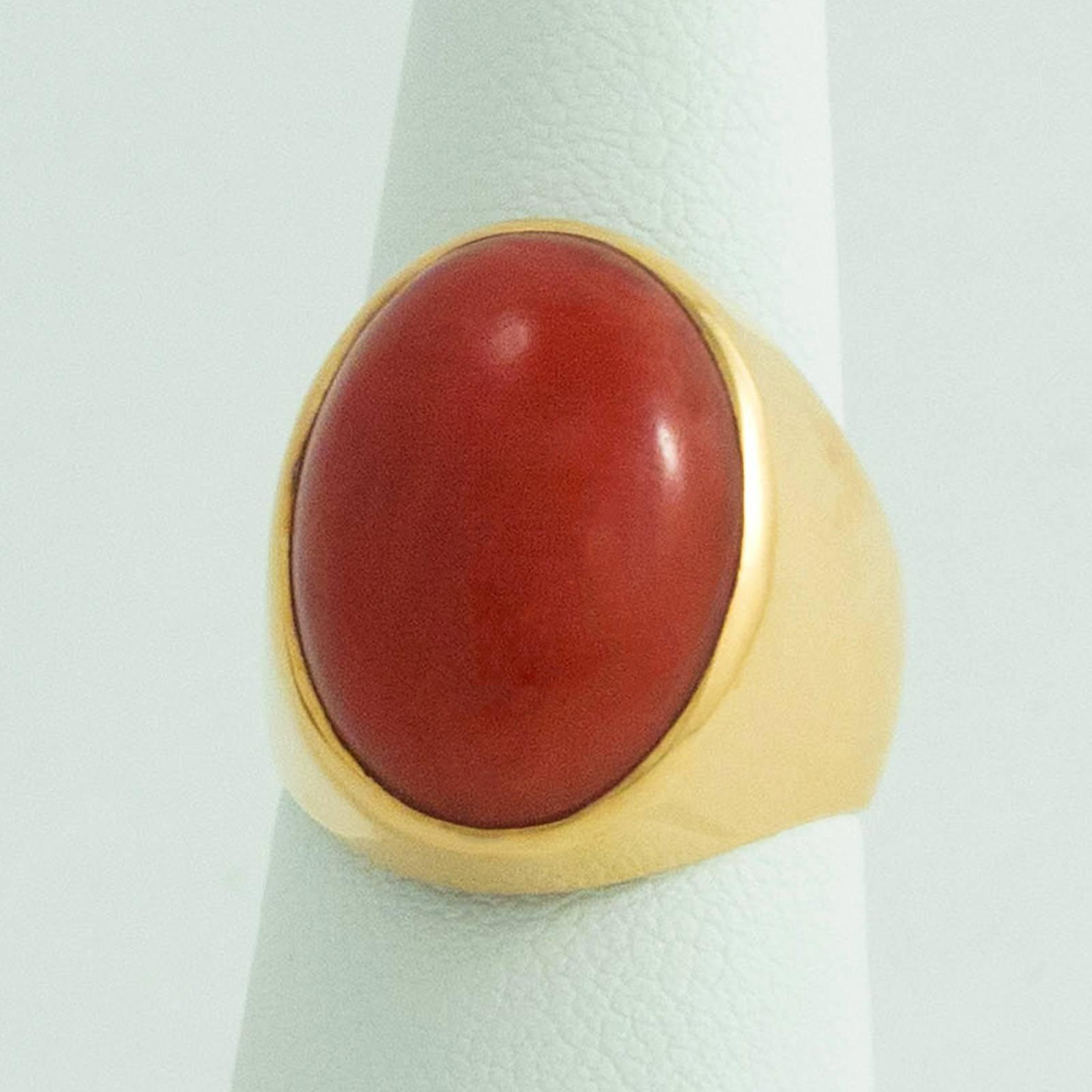 Large Cabochon Sardinian Red Coral Gold Ring 1
