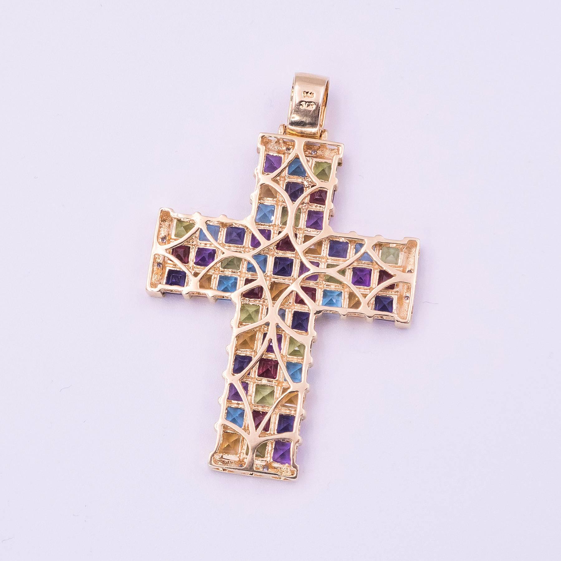 Diamond and Multicolor Gemstone Gold Cross Pendant For Sale 1