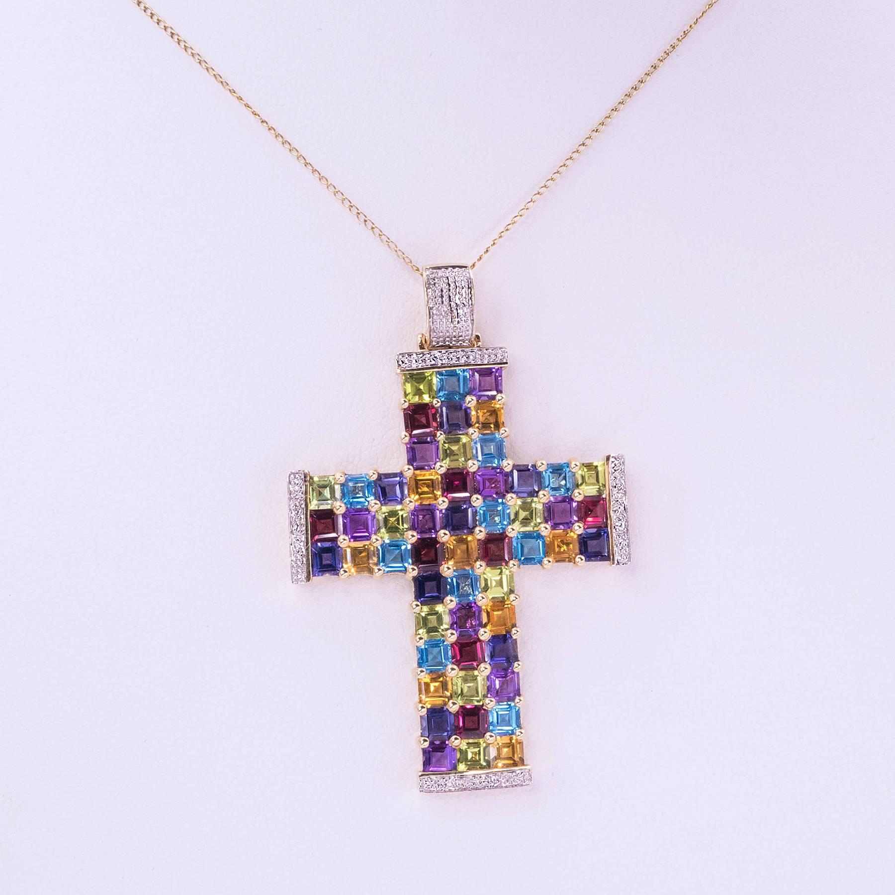 Diamond and Multicolor Gemstone Gold Cross Pendant For Sale 3