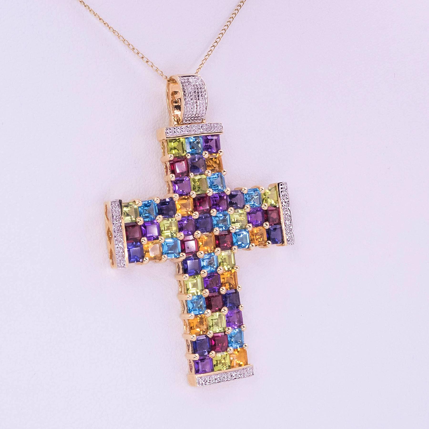 Diamond and Multicolor Gemstone Gold Cross Pendant In Excellent Condition For Sale In Toronto, Ontario