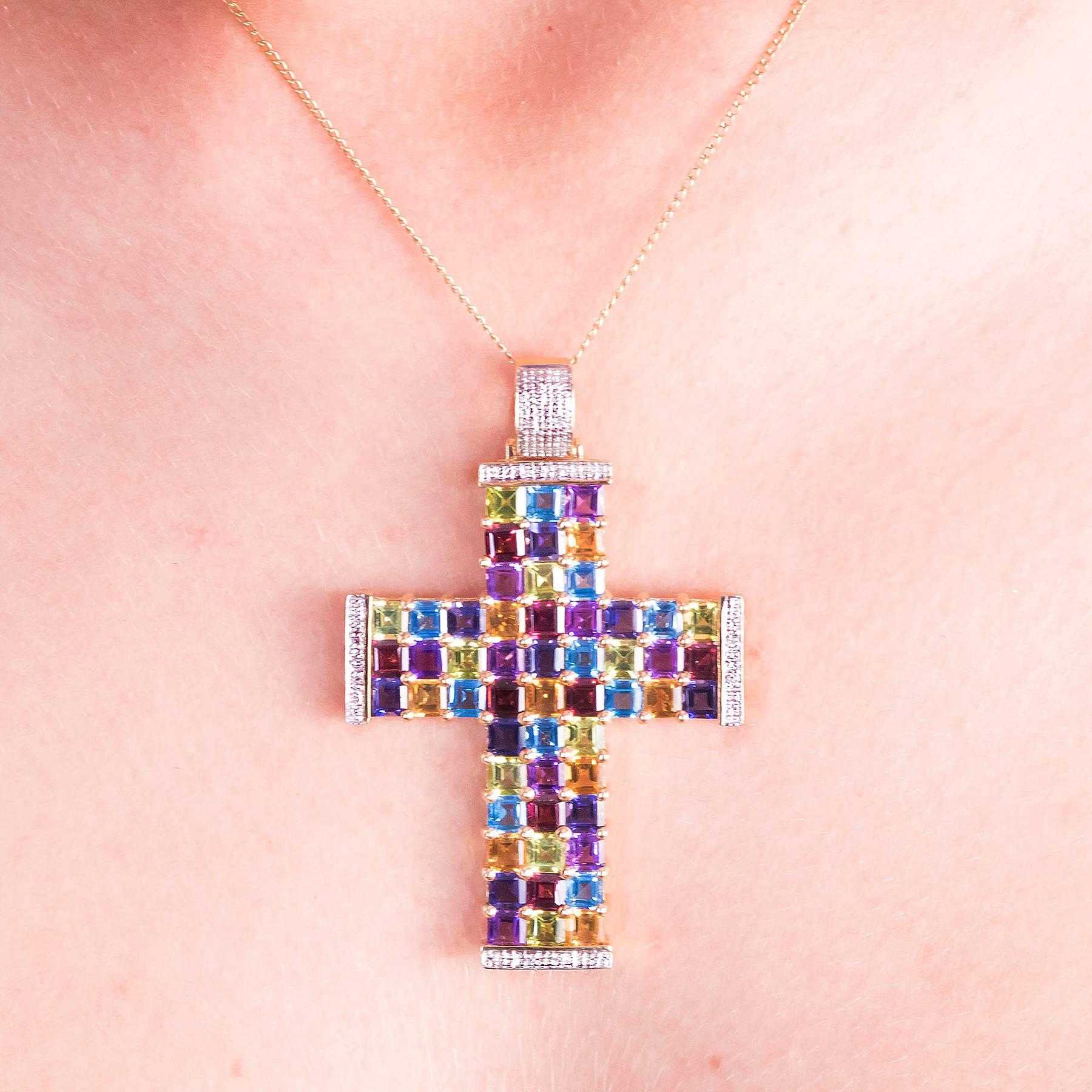 Diamond and Multicolor Gemstone Gold Cross Pendant For Sale 2