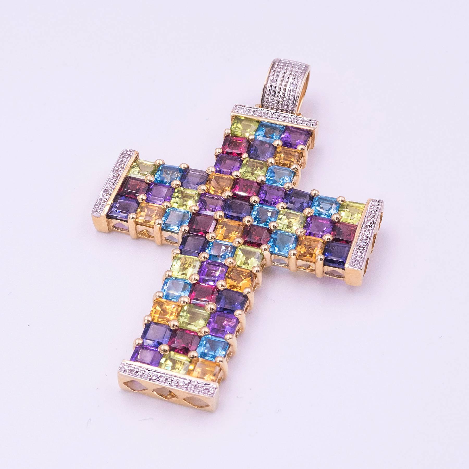 Modern Diamond and Multicolor Gemstone Gold Cross Pendant For Sale